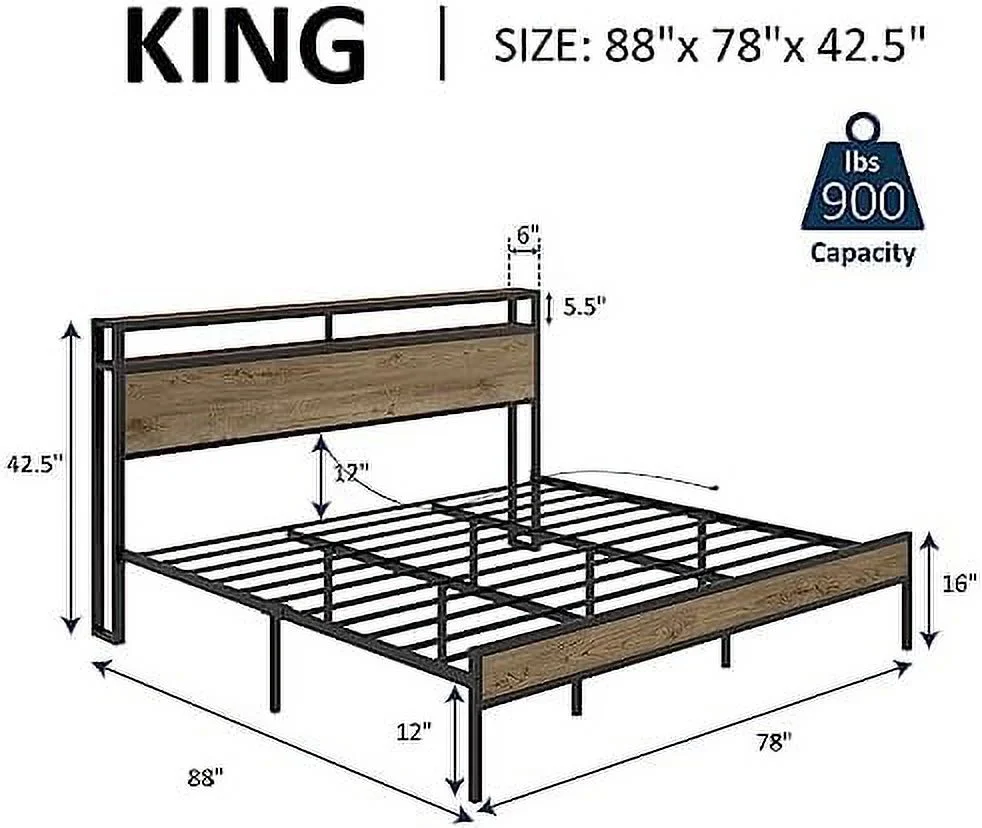 YZboomLife Queen Size Bed Frame Industrial Platform Bed with Charging Station  2-Tier  Headboard/No Box Spring Needed/Noise-Free/Dark Brown