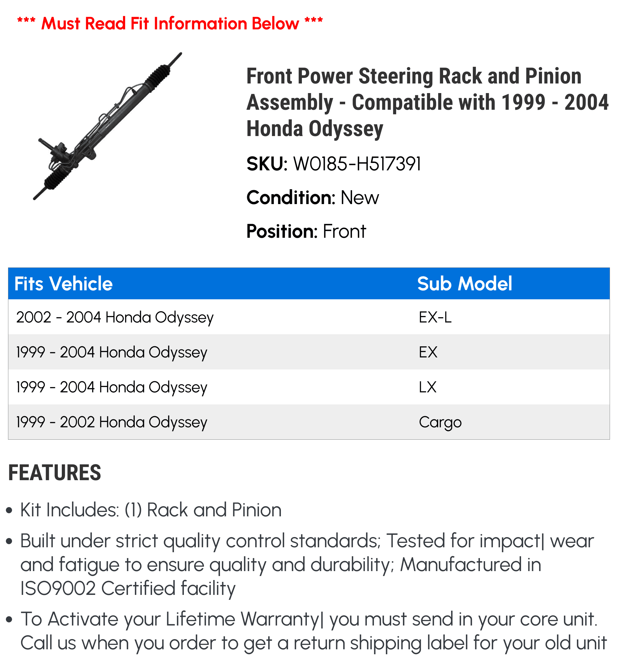 Front Power Steering Rack and Pinion Assembly - Compatible with 1999 - 2004 Honda Odyssey 2000 2001 2002 2003