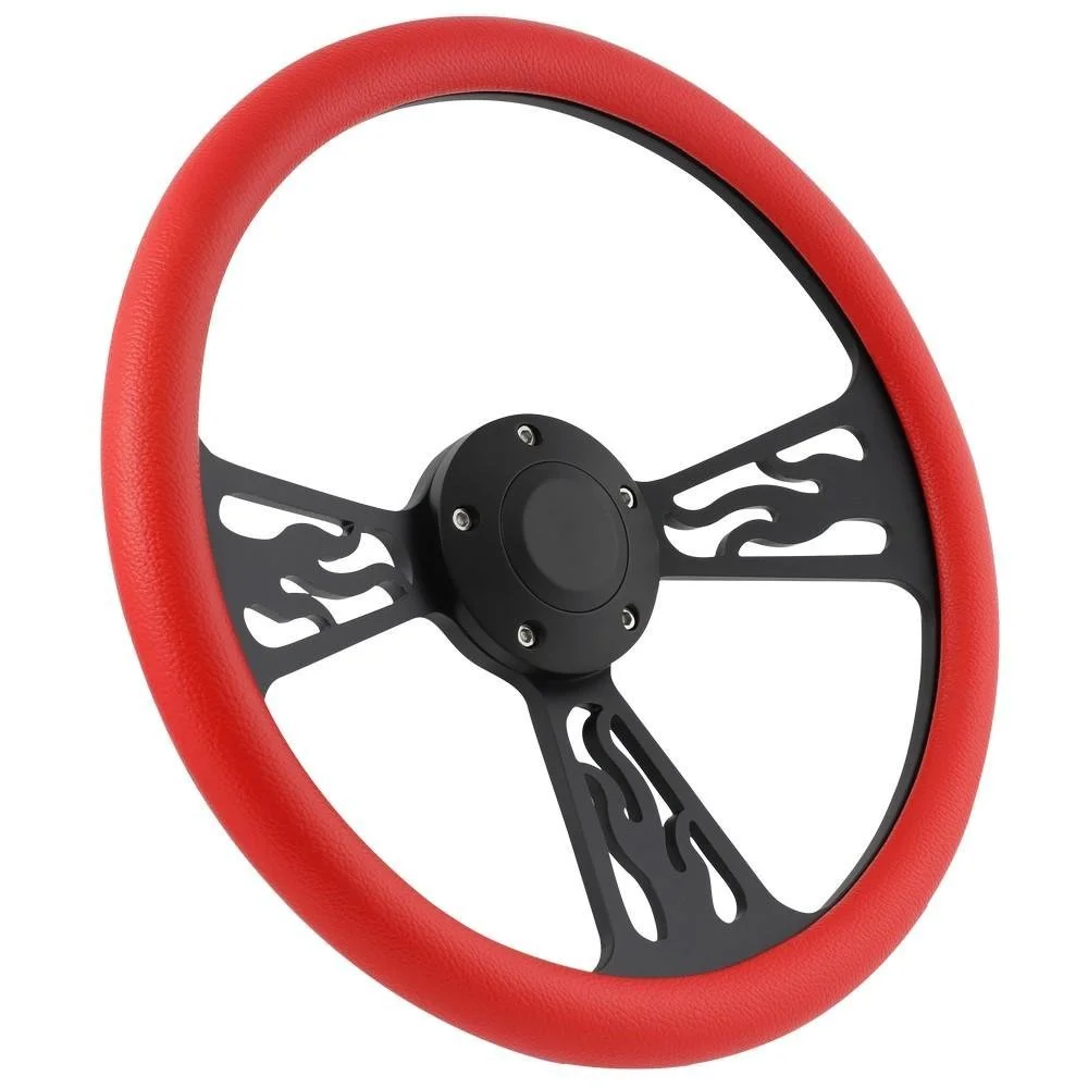 61-63 Ford Thunderbird 14 Inch Black Flame 5 Hole Steering Wheel Red Half Wrap