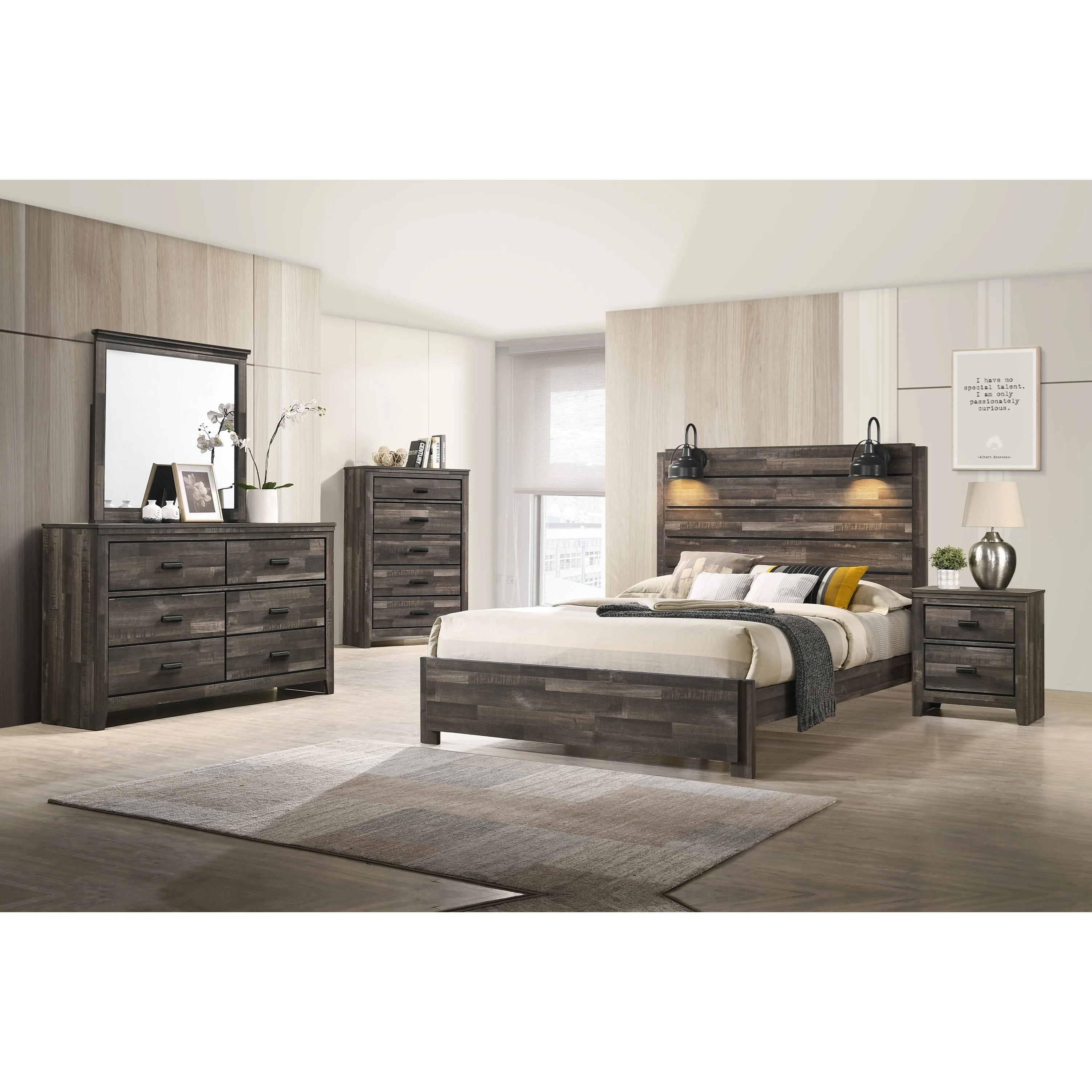Contemporary Rustic Brown Finish Full Size 6Pc Built in Light Headboard Platform Bed Dresser Mirror Nightstand Chest Set Wooden Bedroom Furniture