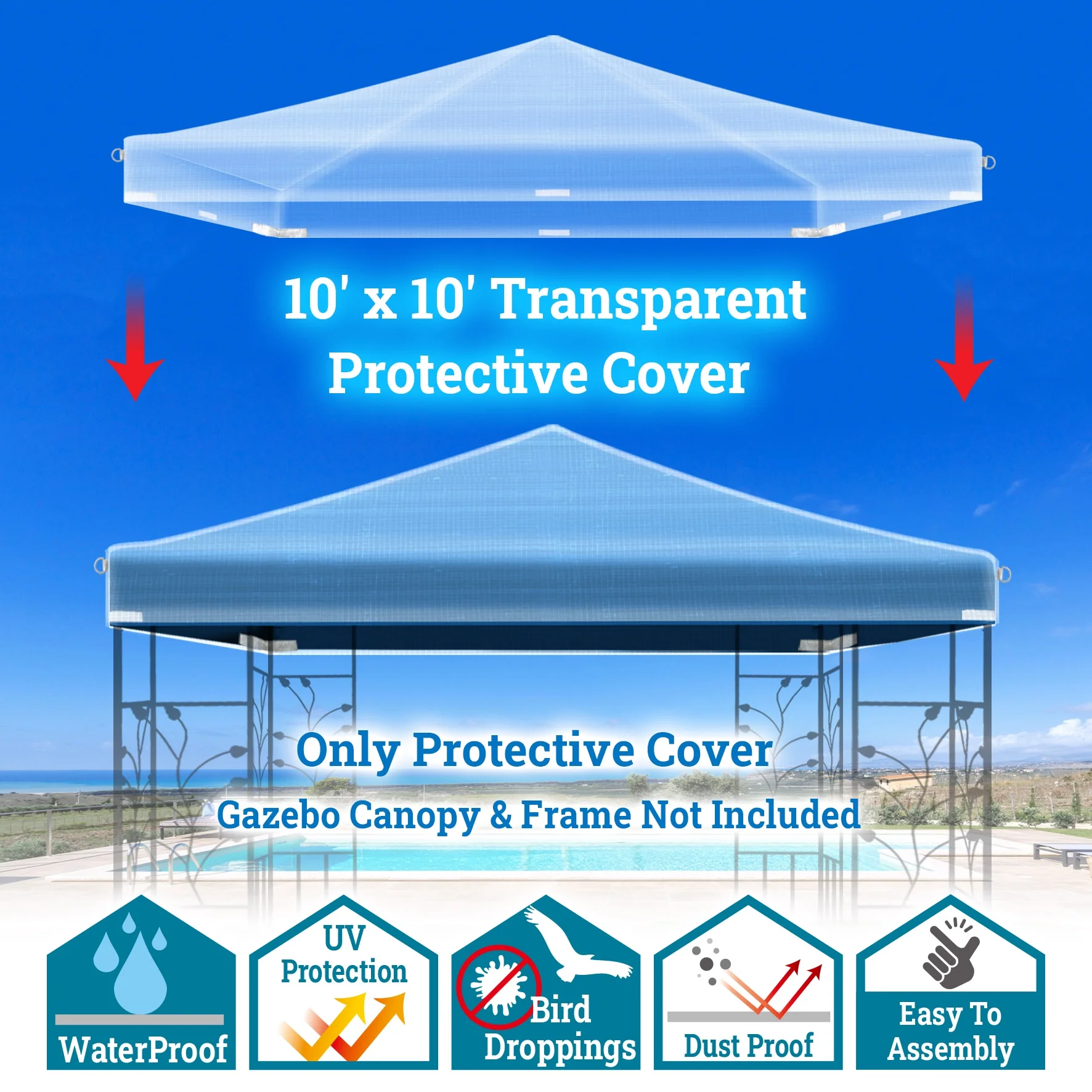 YardGrow 10'x10' Replacement Gazebo Top Canopy Transparent Waterproof Protective Cover Only