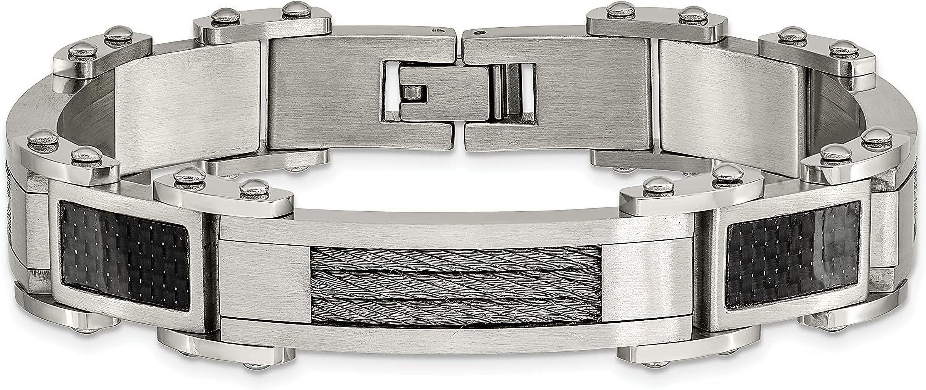 Chisel Stainless Steel Polished with Cable and Black Carbon Fiber Inlay Link Bracelet - 9