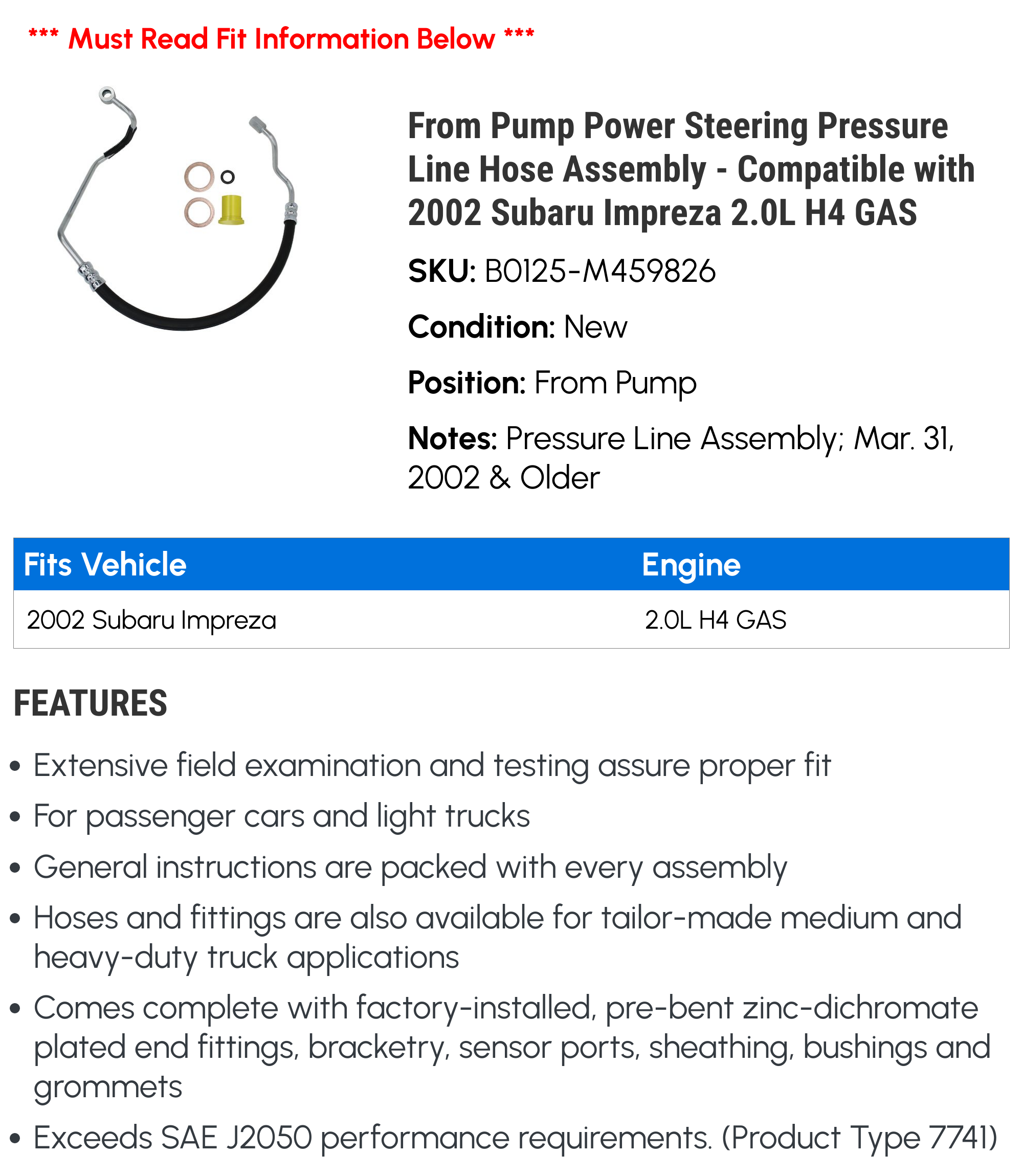 From Pump Power Steering Pressure Line Hose Assembly - Compatible with 2002 Subaru Impreza 2.0L H4 GAS