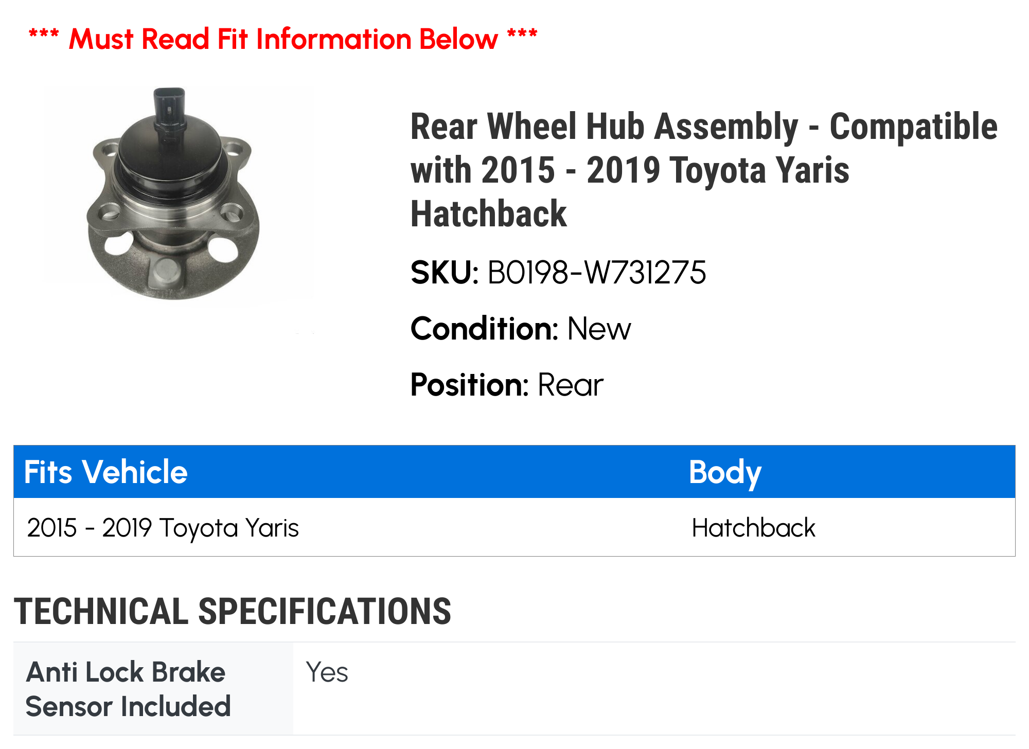 Rear Wheel Hub Assembly - Compatible with 2015 - 2019 Toyota Yaris Hatchback 2016 2017 2018