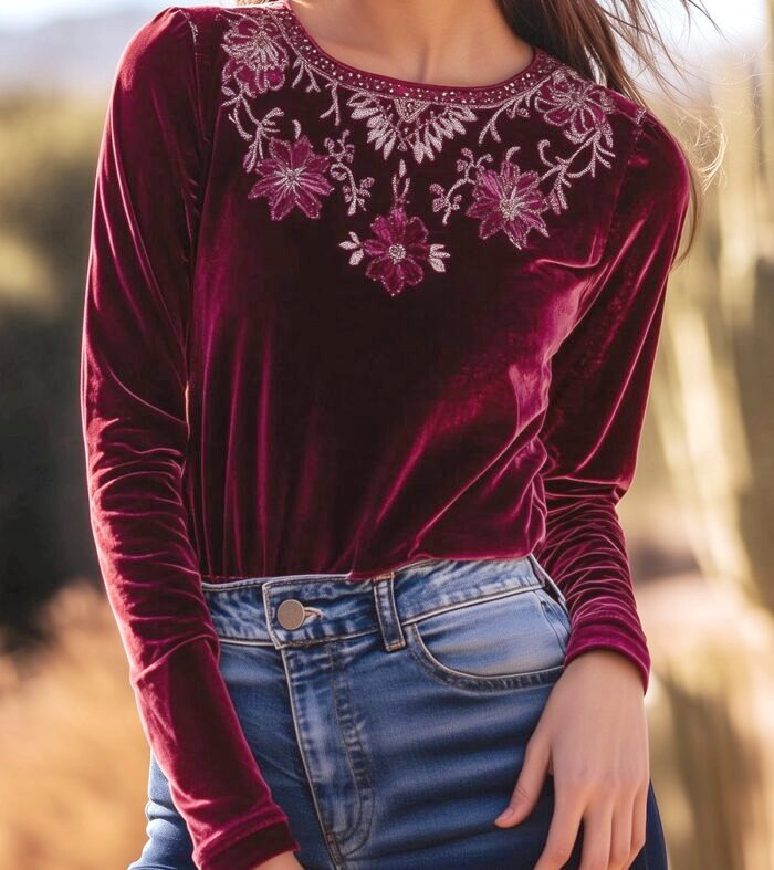 Easycool Chic Boho Round Neck Flower Embroidery Velvet Top – Elegant, Comfortable & Trendy