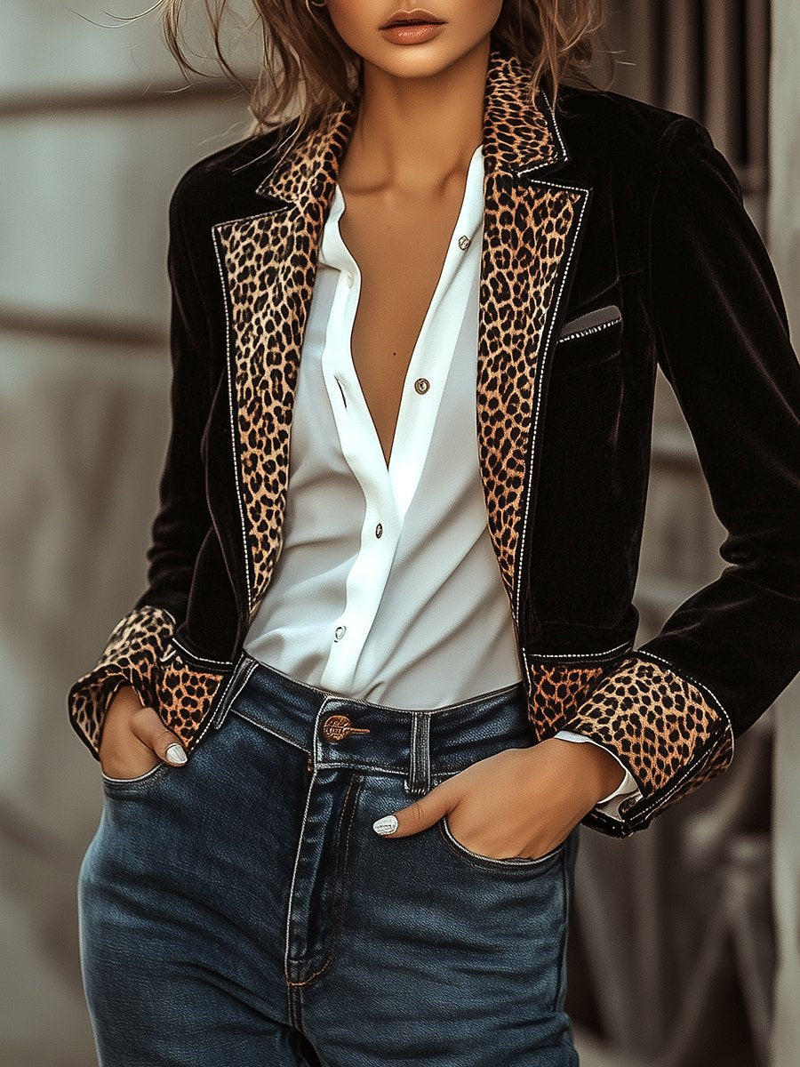 Easycool Stylish Leopard-Print Trim One Button Suede Blazer – Chic, Trendy & Versatile Outerwear