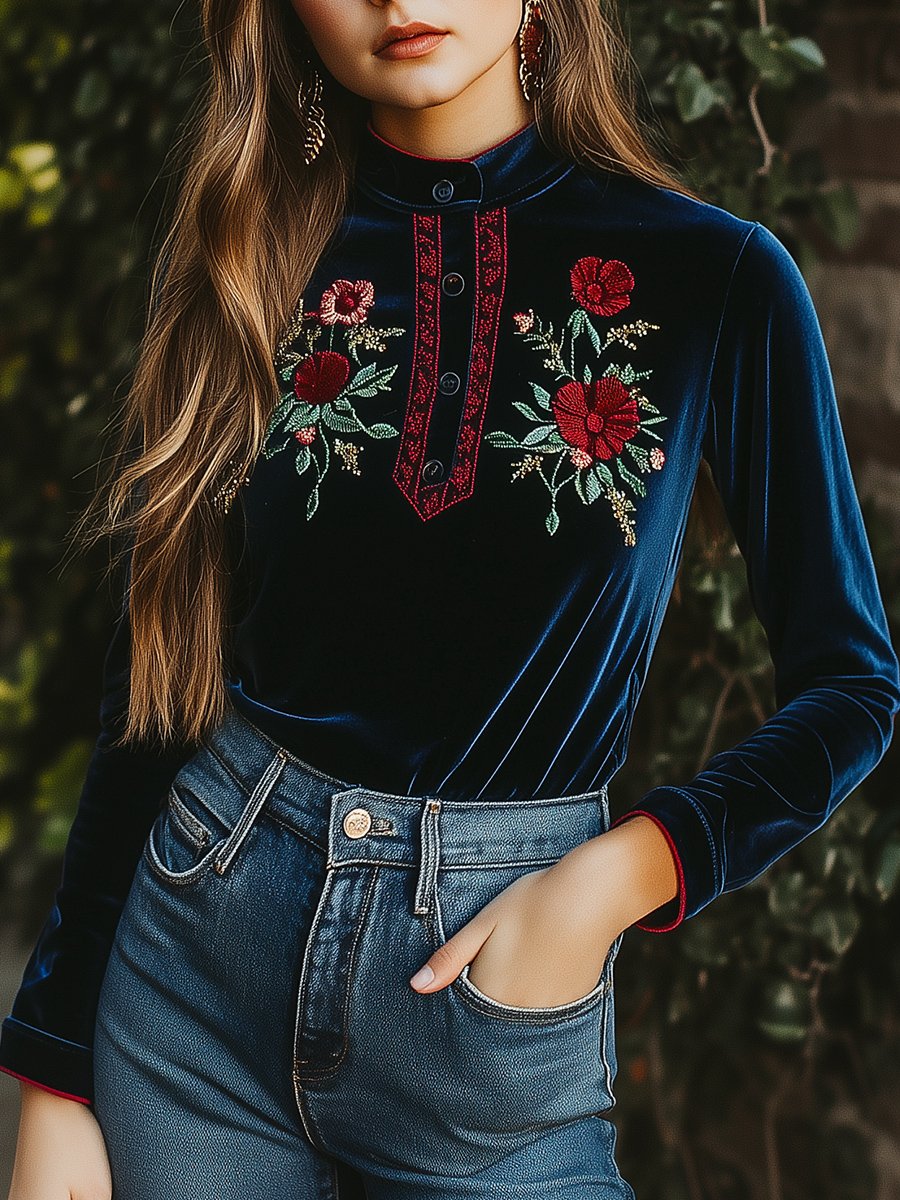 Easycool Stylish Stand Collar Embroidery Velvet Henley Shirt – Chic, Elegant & Comfortable