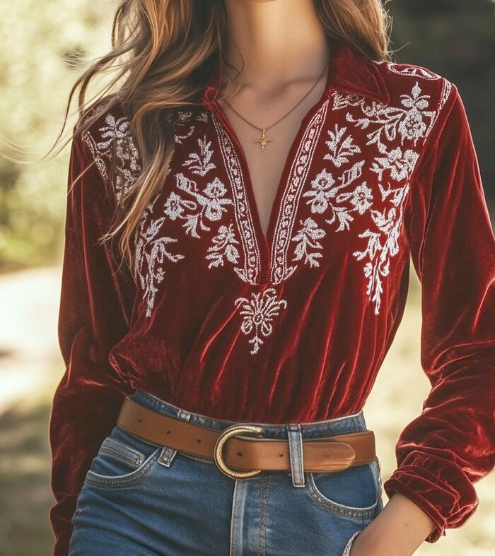 Easycool Chic Lapel Flower Embroidery V-neck Velvet Blouse – Elegant, Feminine & Stylish