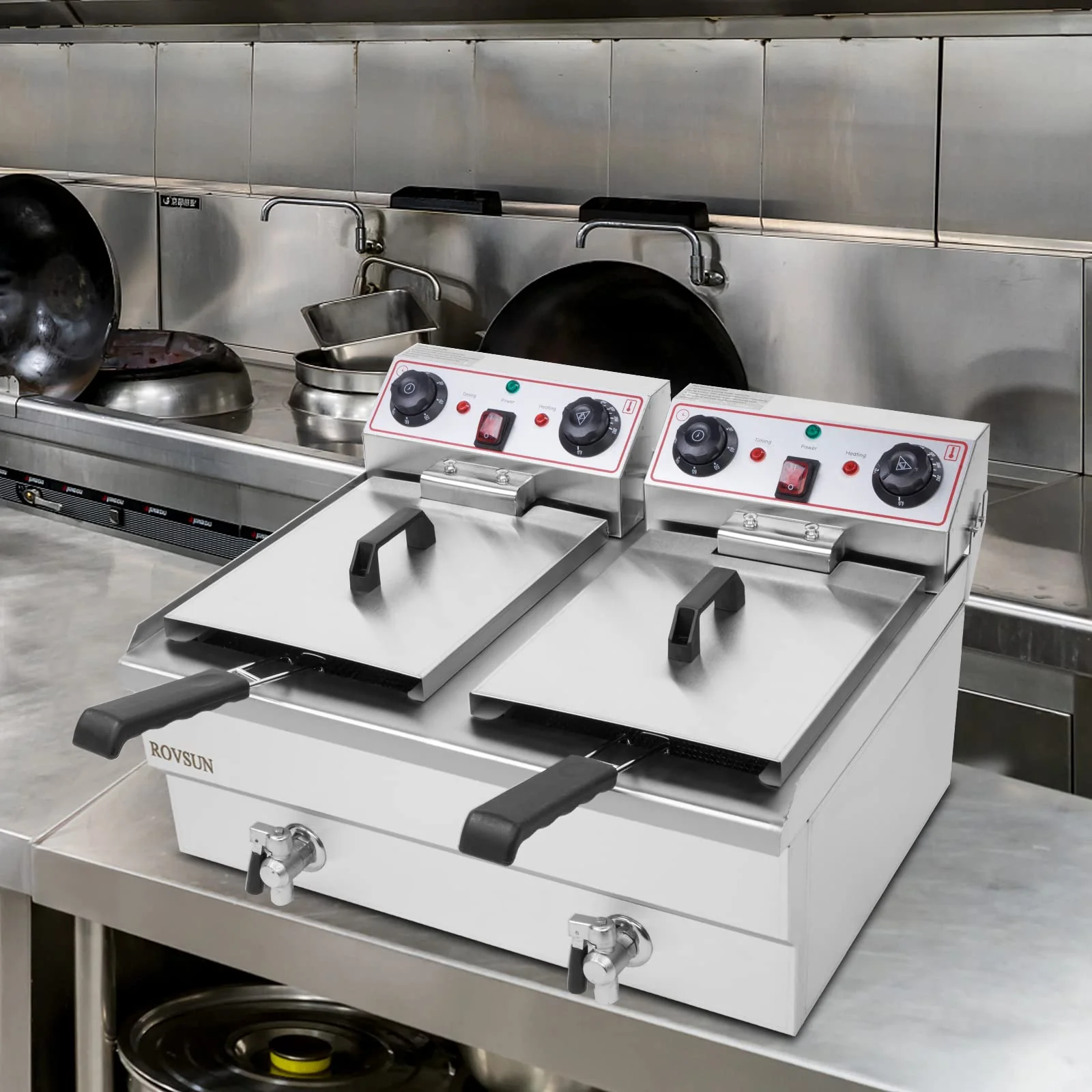 24.9 QT 110V 3400W Double Tank Electric Deep Fryer with Timer & Oil Drain