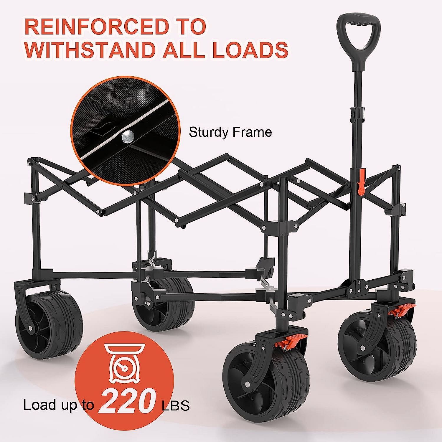 Chariot pliable Navatiee T1 – Chariot de transport robuste avec grandes roues, wagon pliant pour plage et courses avec poches latérales et freins, idéal pour camping, jardin et sport