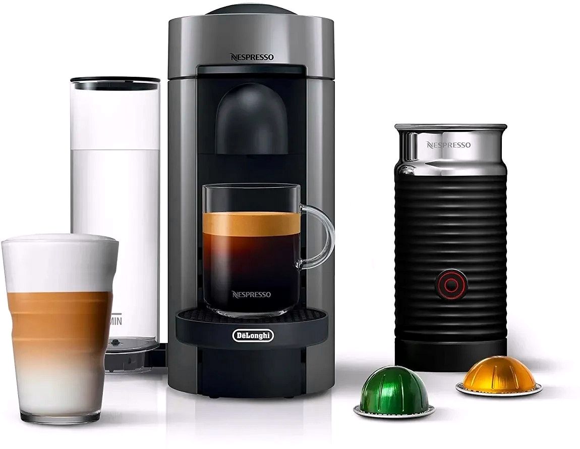 Machine à café et espresso Nespresso Vertuo Plus par De'Longhi, grise, avec mousseur à lait Aeroccino