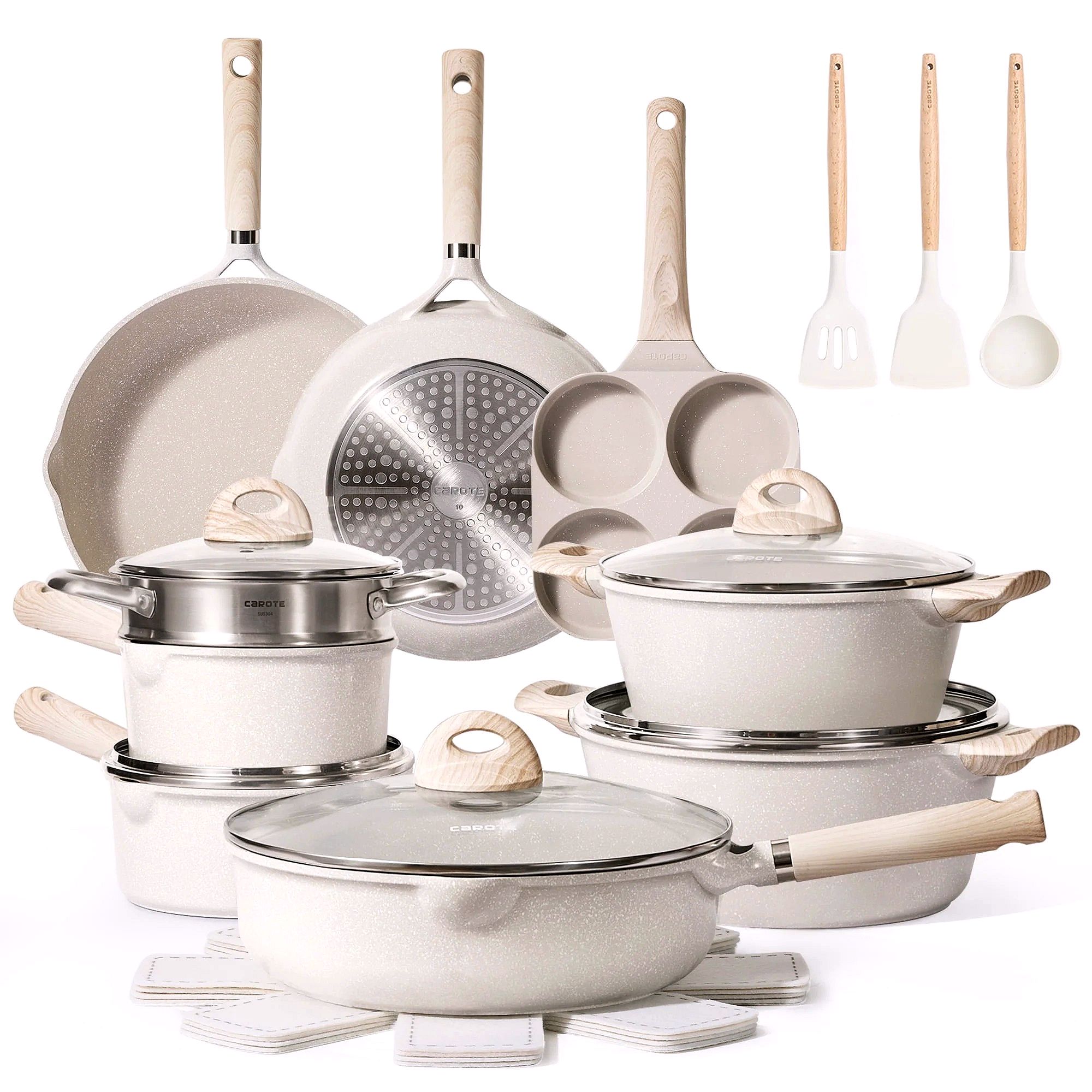 CAROTE Ensemble de casseroles et poêles antiadhésives, Batterie de cuisine induction 21 pièces (Granit beige)
