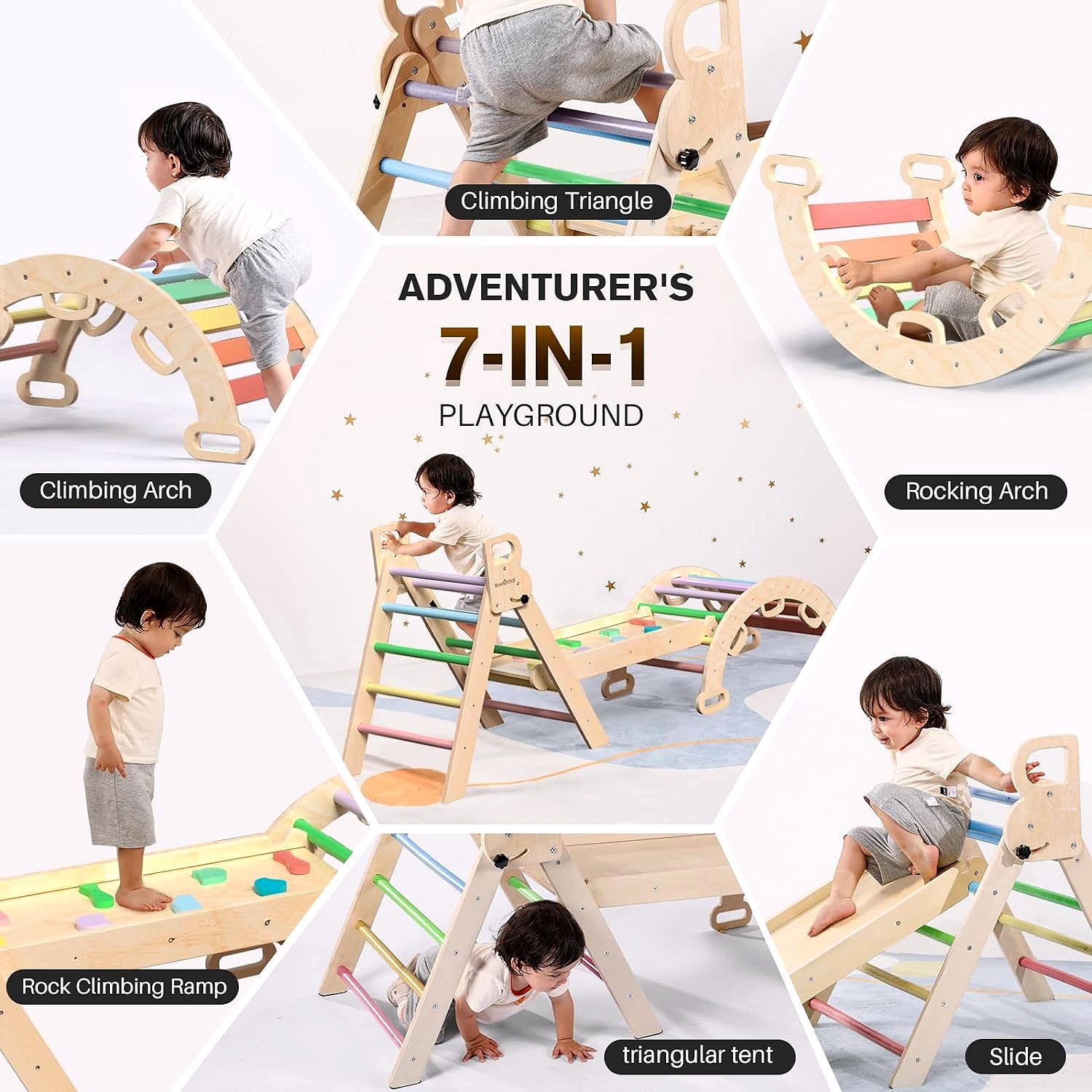 Ensemble Triangle de Pikler 7-en-1 – Aire d’Escalade Montessori Pliable en Bois pour Enfants, avec Arche, Rampe & Échelle – Arc-en-ciel