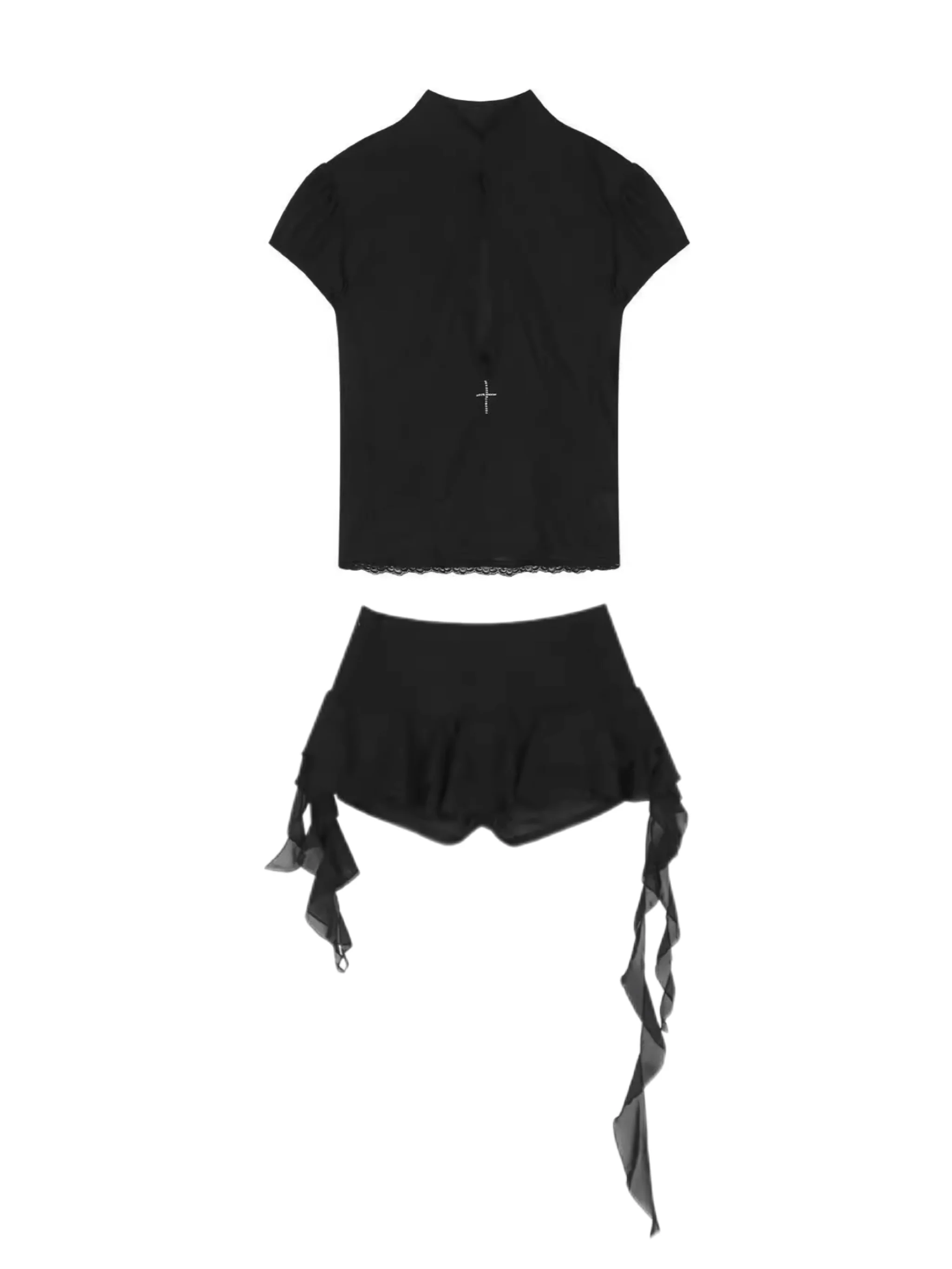 'Prayers' Sexy Mesh Long-Sleeve Top & Mini Skirt Two-Piece Set