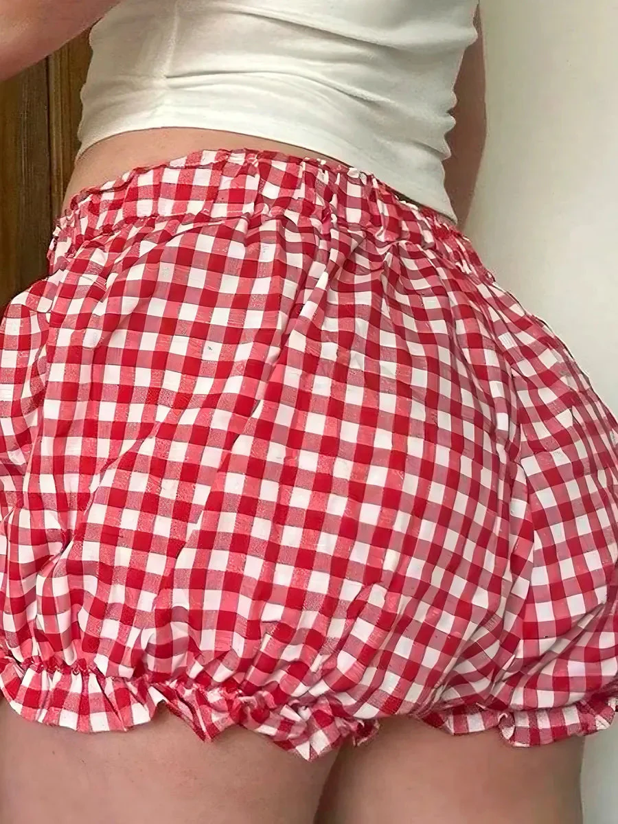 'Sweet & Short' Retro Red Checked Ribbon Bubble Shorts