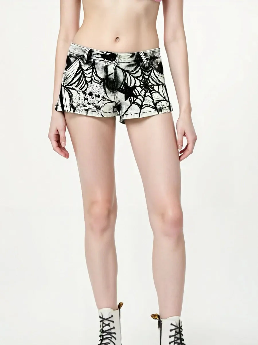 'Haunted House' Grunge Dark Spider Print Shorts