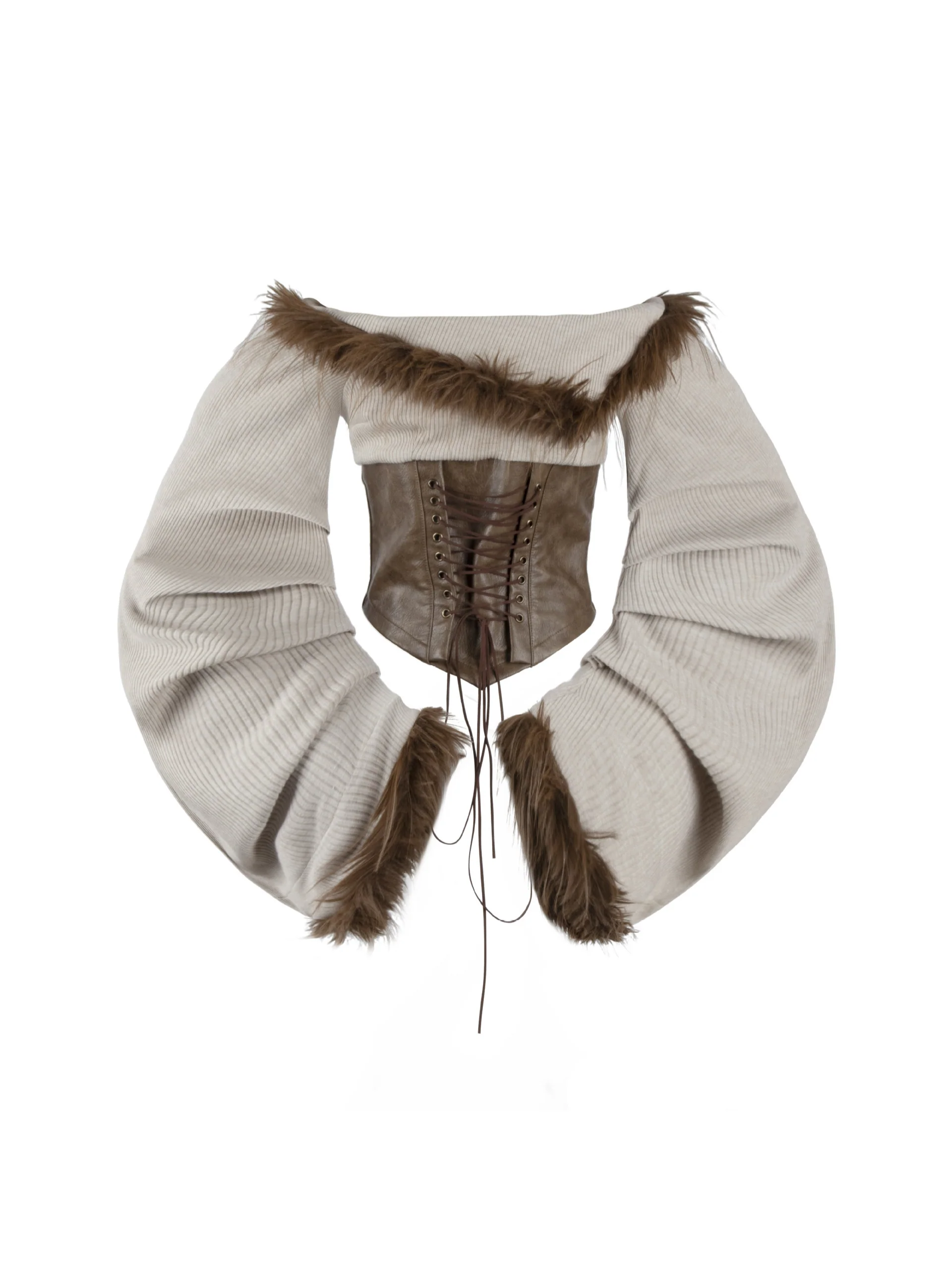 ’Wild Heart' Y2K Faux Fur Off-Shoulder Long Sleeve Top + Shorts Set