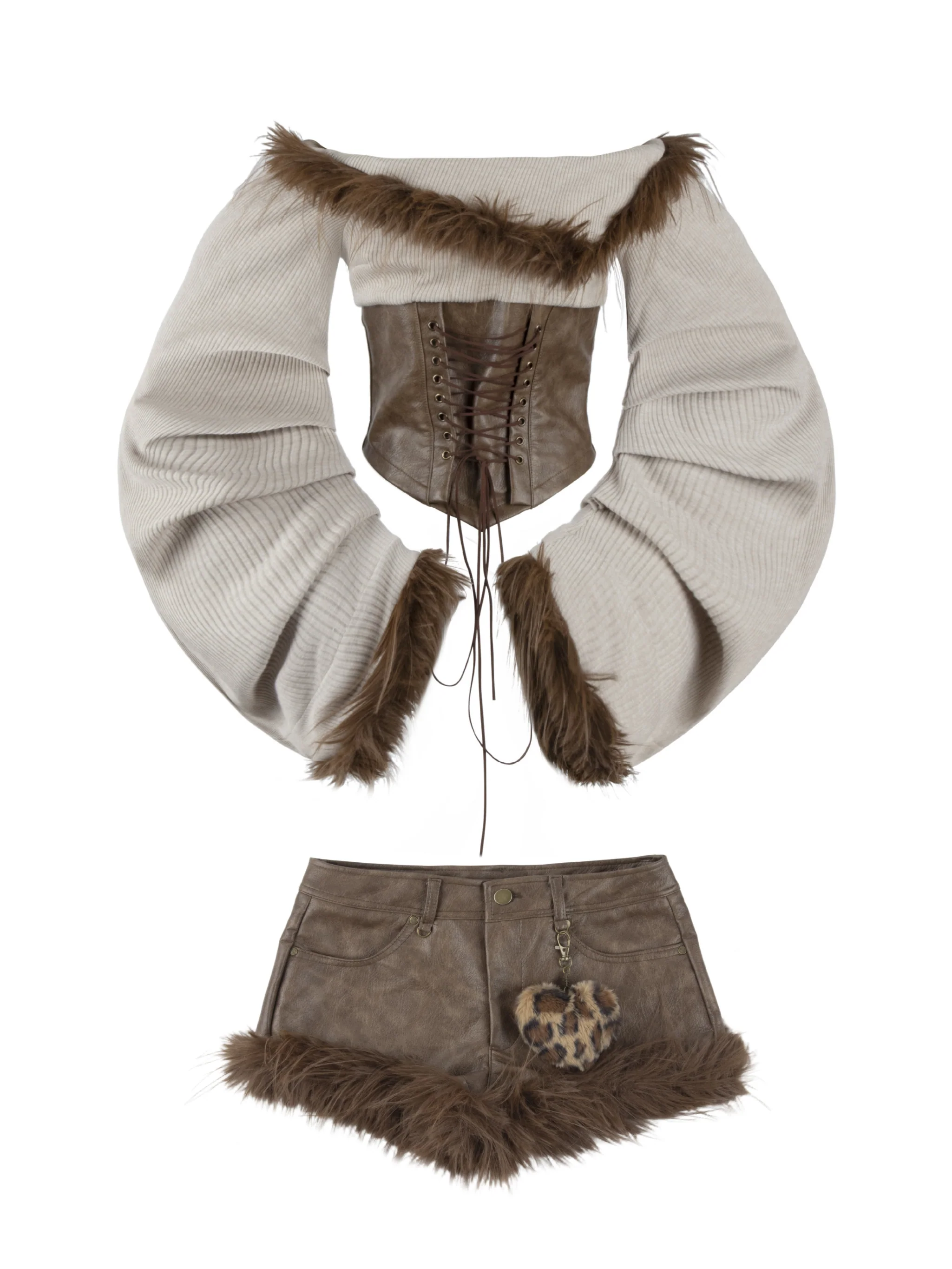 ’Wild Heart' Y2K Faux Fur Off-Shoulder Long Sleeve Top + Shorts Set