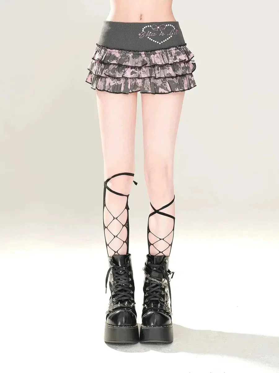 '3 hrs' Rhinestone Camouflage Pink Gray Blokette Mini Skirt