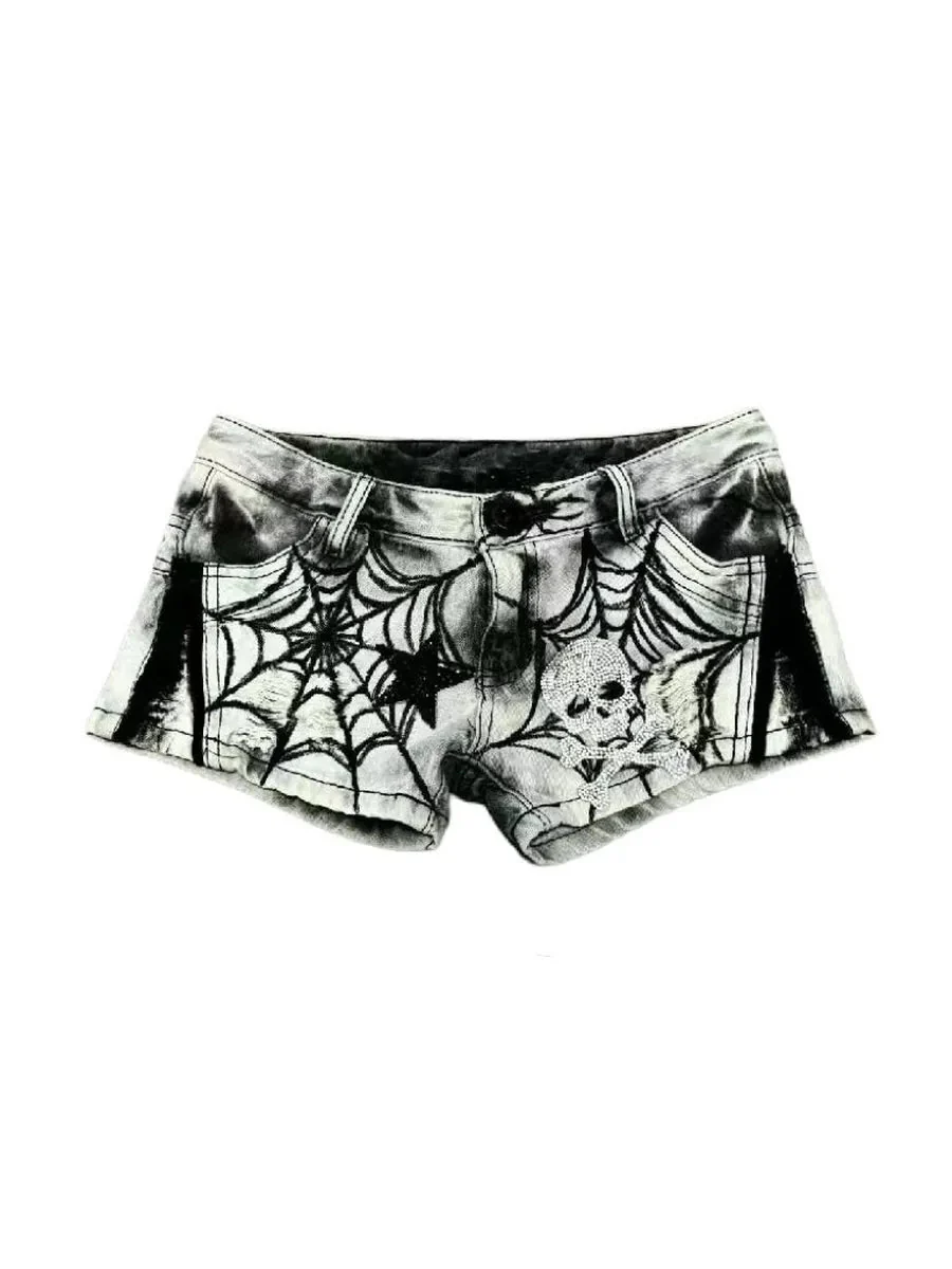 'Haunted House' Grunge Dark Spider Print Shorts