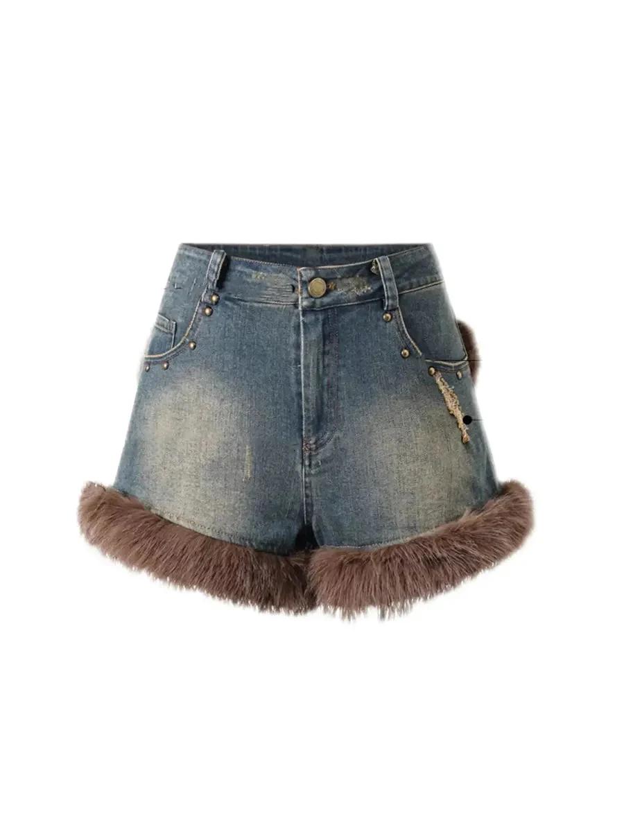 'Honey' Y2k Denim Fluffy Decor Shorts