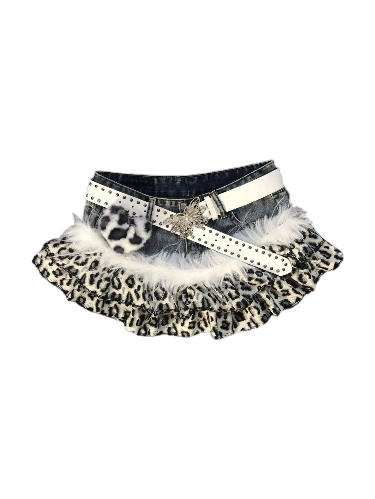 'Leopard Bite' Patchwork Denim Mini Skirt
