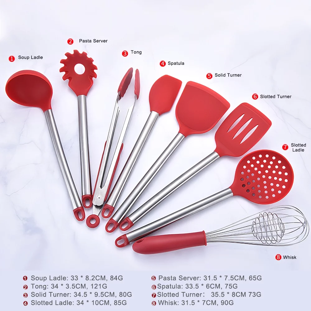 8 pcs Silicone Kitchen Cooking Utensil Set-Non stick Heat Resistant Stainless Steel Handle-Red