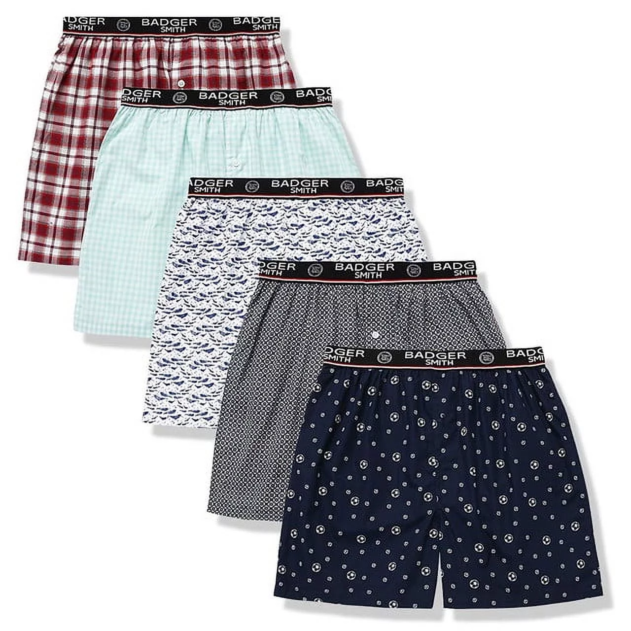 Badger Smith Men's Boxer Shorts, Comfortable Cotton Boxers, 100% Cotton Print and Plaid Boxers For Men, Multi Pack, Medium
