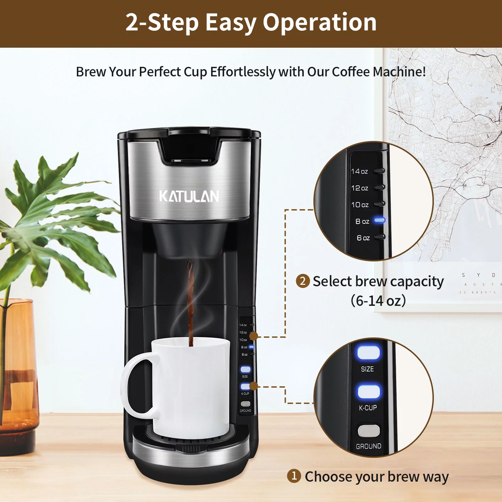 Single Serve Coffee Maker K Cup & Ground Coffee, One Cup Coffee Maker Brews 6-14 Oz in 2 Mins, Pod Coffee Maker Fits Travel Mugs, with 30 Oz Removable Water Tank, Reuseable Filter, Black
