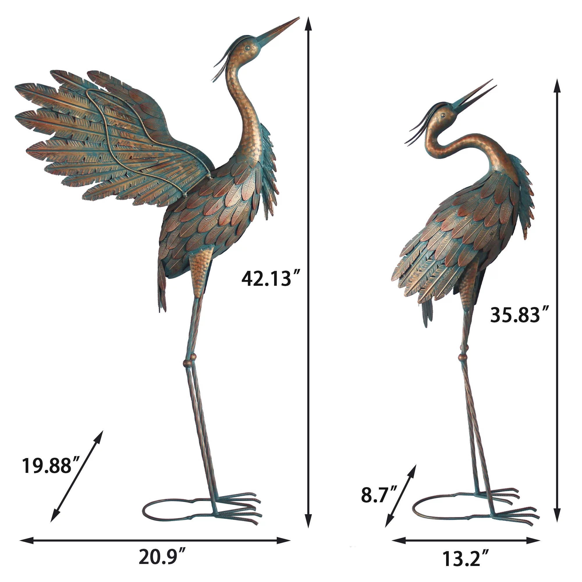 Crane Statues for Outdoor, Metal Heron Garden Statues Bird Yard Art, Standing Sculptures for Yard Lawn Pond Garden Decor, 38-42 inch Set of 2