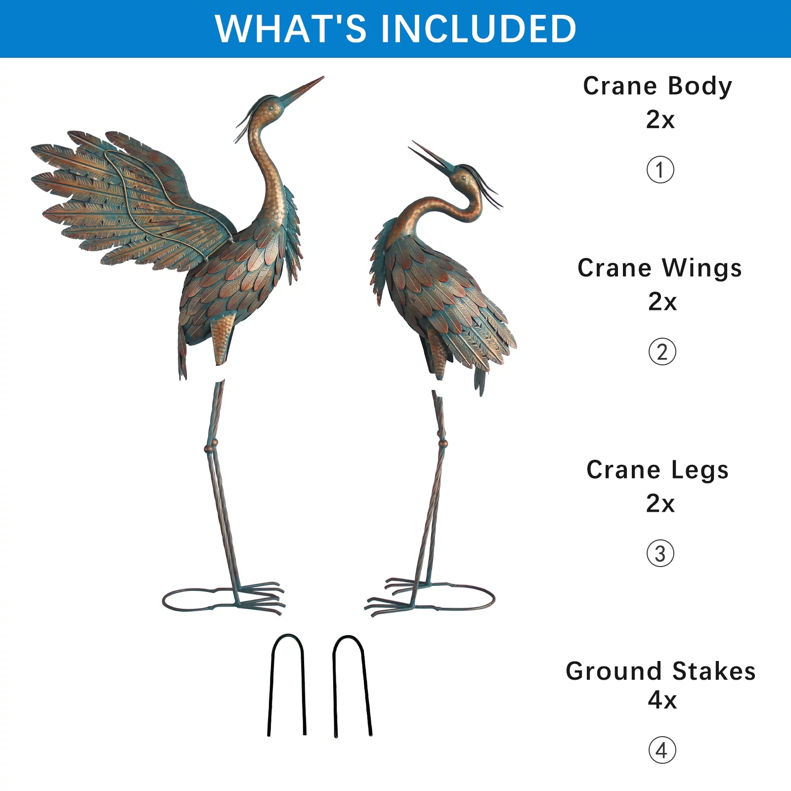 Crane Statues for Outdoor, Metal Heron Garden Statues Bird Yard Art, Standing Sculptures for Yard Lawn Pond Garden Decor, 38-42 inch Set of 2