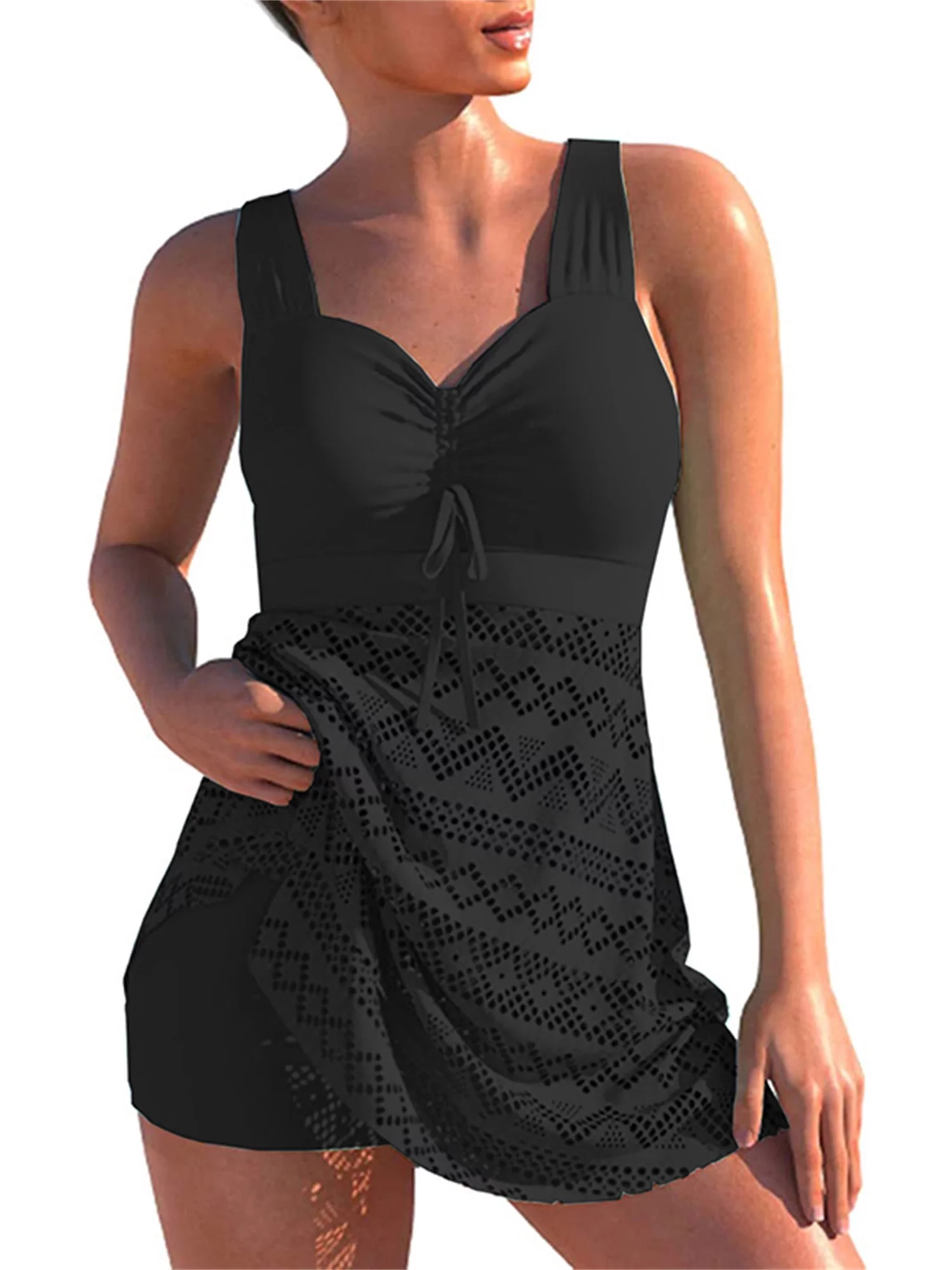 Aunavey Women Hollow Tankini Swimsuit Two Piece Swimwear Flowy Swimdress Bathing Suits with Shorts