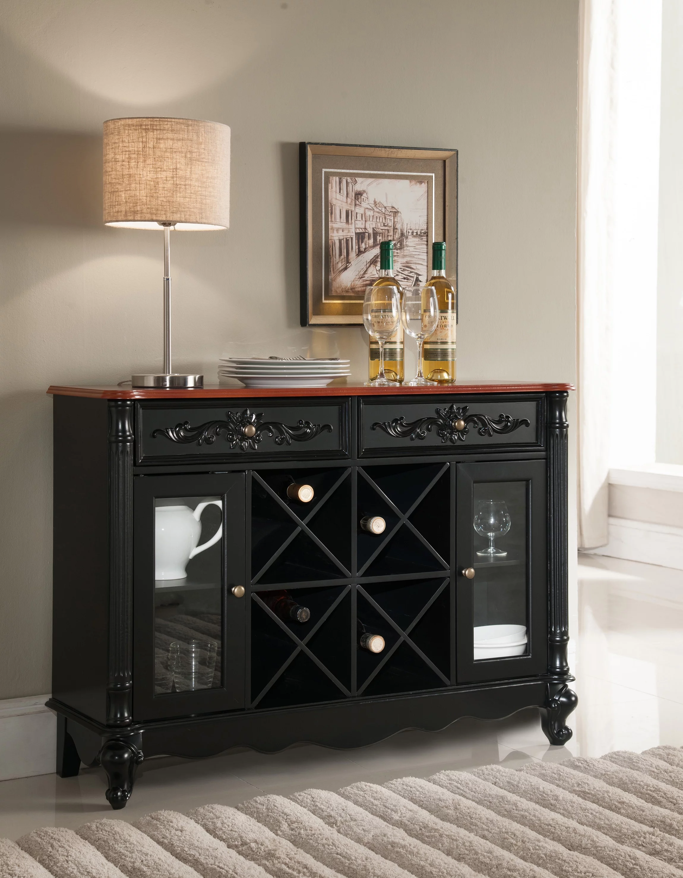 Kings Brand Buffet Server Wine Cabinet Console Table, Black / Walnut