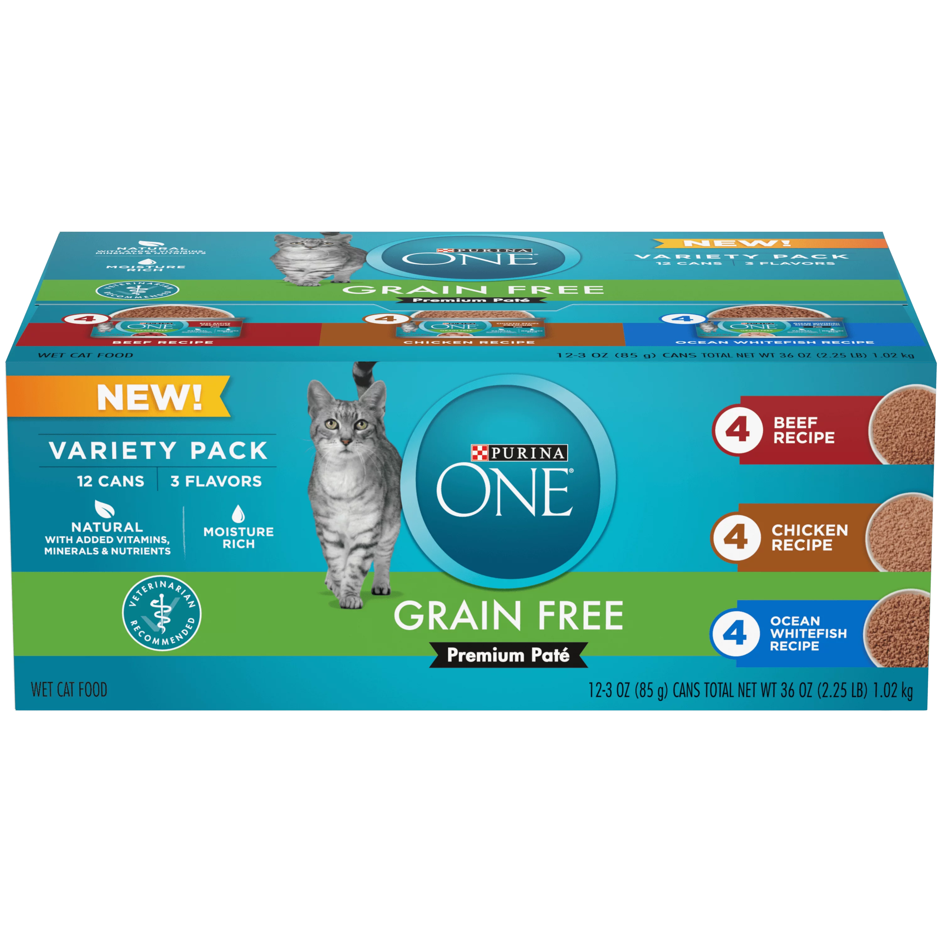 Purina ONE Grain Free Natural Pate Wet Cat Food Variety Pack Beef Chicken & Ocean Whitefish - (2 Packs of 12) 3 oz. Pull-Top Cans
