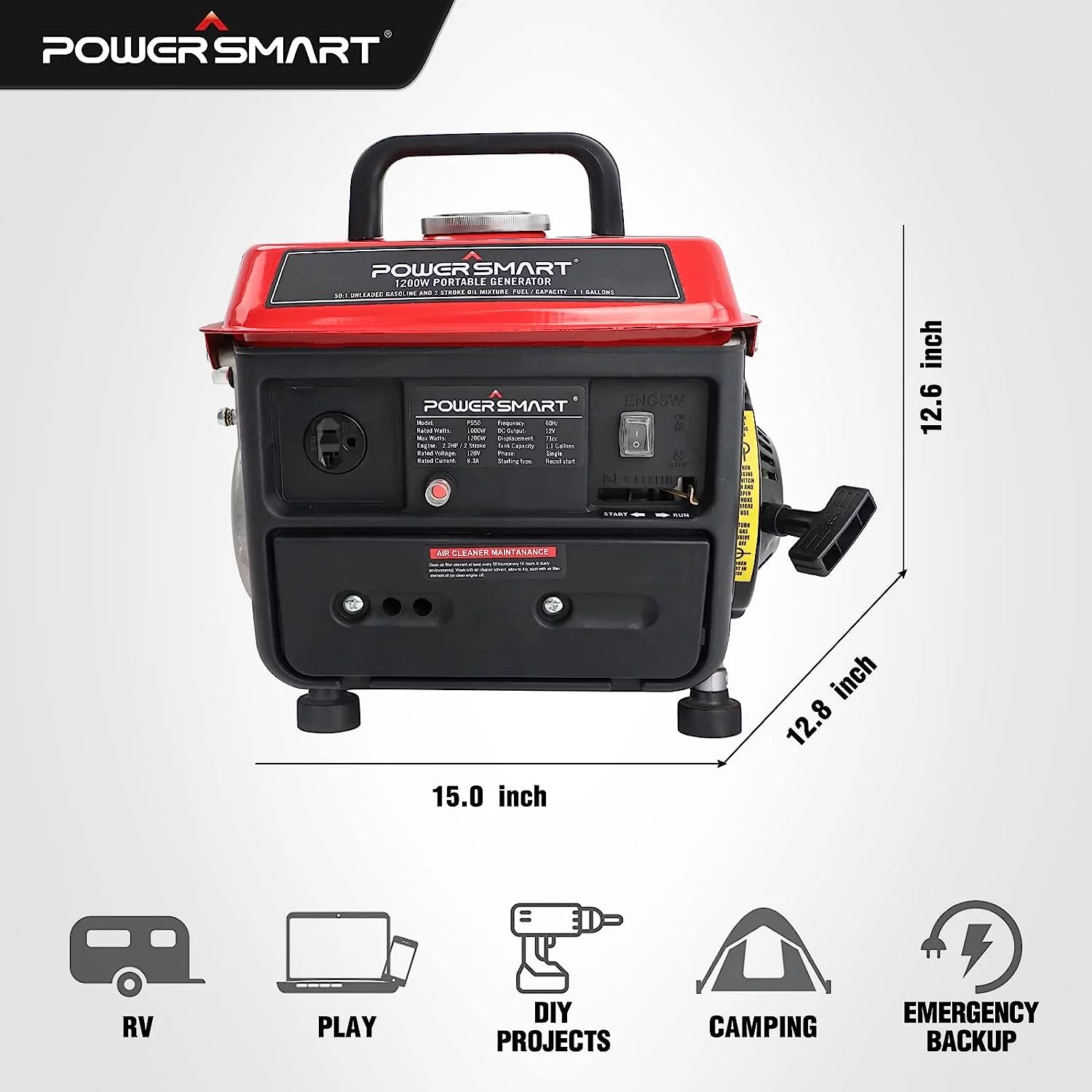 PowerSmart 1200W Portable Generator, Inverter Generator, Gasoline Powered Portable Generator, Low Noise