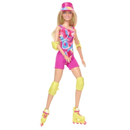 Barbie The Movie Margot Robbie - Skating Doll with Neon Outfit, Retro Gymnastics Suit, Pink Biker Shorts, Sun Shield, Neon Green Hoop Earrings, Skating Equipment, Impala Inline Skates, HRB04