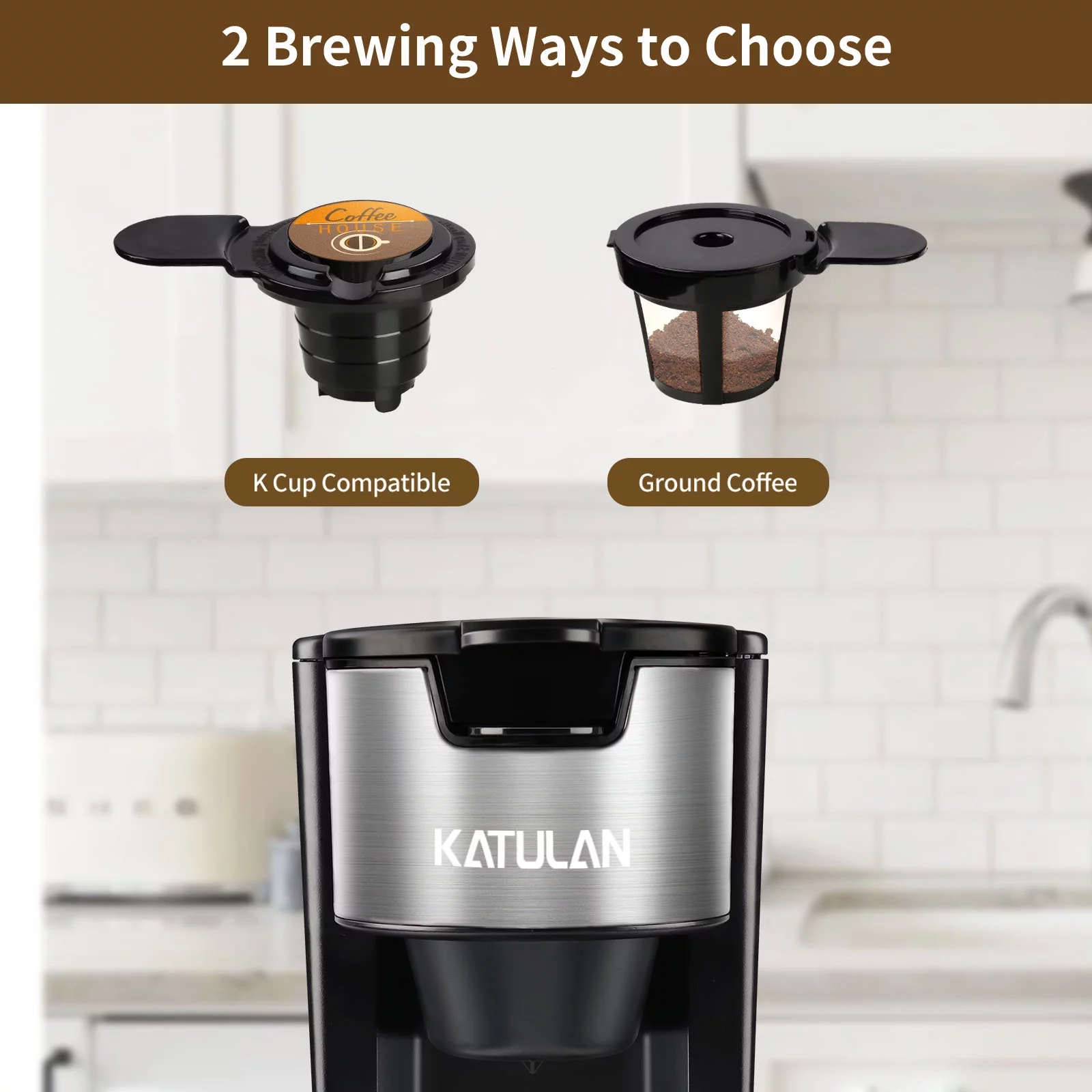 Single Serve Coffee Maker K Cup & Ground Coffee, One Cup Coffee Maker Brews 6-14 Oz in 2 Mins, Pod Coffee Maker Fits Travel Mugs, with 30 Oz Removable Water Tank, Reuseable Filter, Black