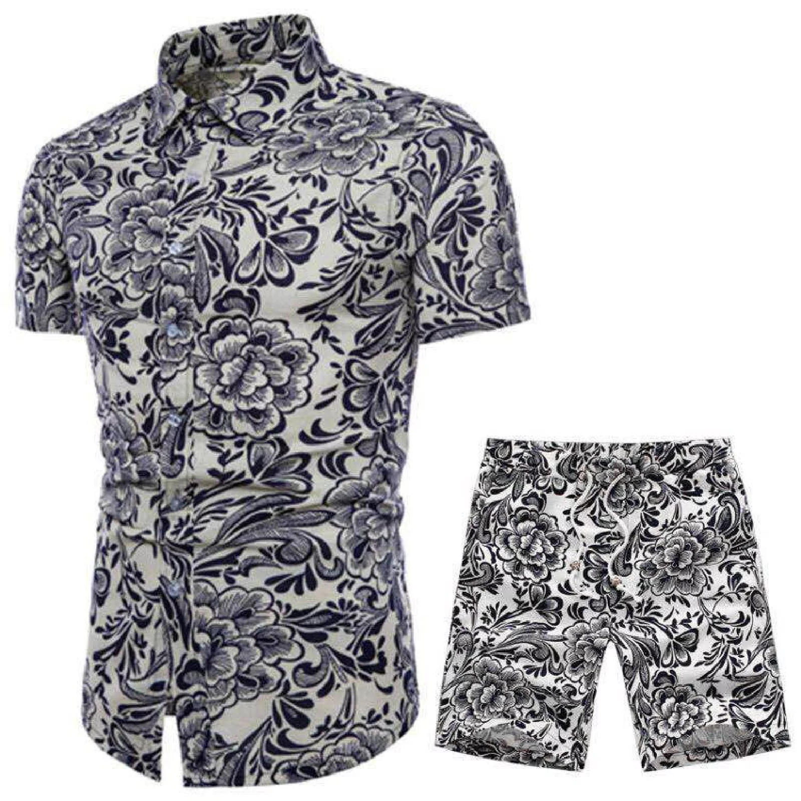 Swim Trunks 2 Piece Set Outfits for Men Floral Tracksuit Casual Button Down Short Sleeve Hawaiian Shirt and Shorts Suit