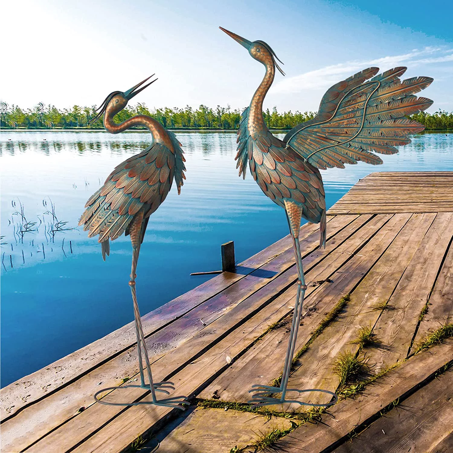 Crane Statues for Outdoor, Metal Heron Garden Statues Bird Yard Art, Standing Sculptures for Yard Lawn Pond Garden Decor, 38-42 inch Set of 2