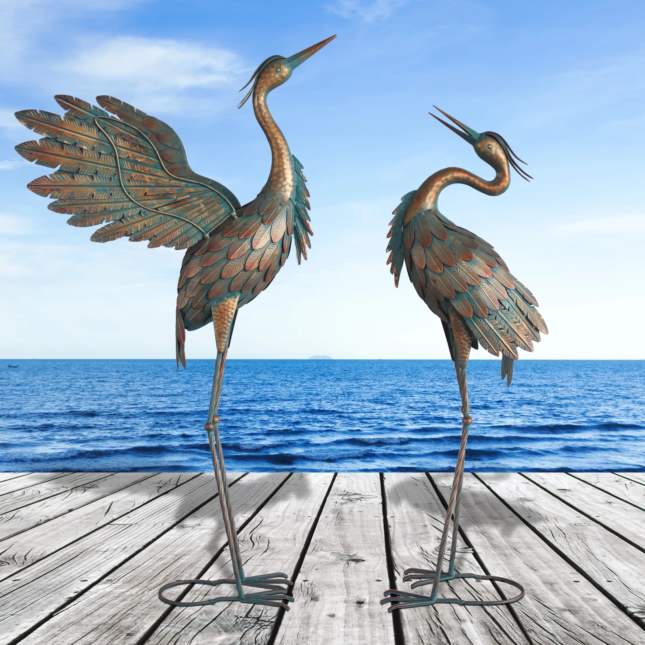 Crane Statues for Outdoor, Metal Heron Garden Statues Bird Yard Art, Standing Sculptures for Yard Lawn Pond Garden Decor, 38-42 inch Set of 2