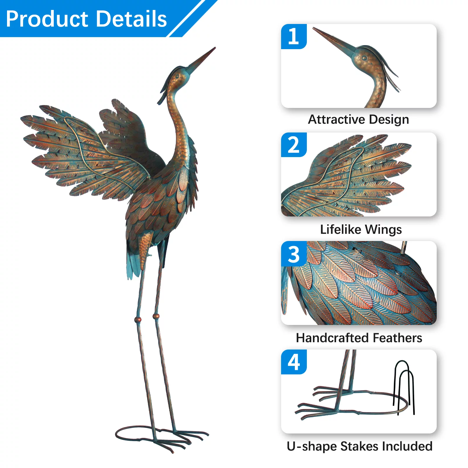 Crane Statues for Outdoor, Metal Heron Garden Statues Bird Yard Art, Standing Sculptures for Yard Lawn Pond Garden Decor, 38-42 inch Set of 2