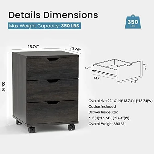 GEROBOOM Mobile File Cabinet for Home Office  3 Drawer Chest Wood  Drawers Unit for Under Desk   Drawers Cabinet Black