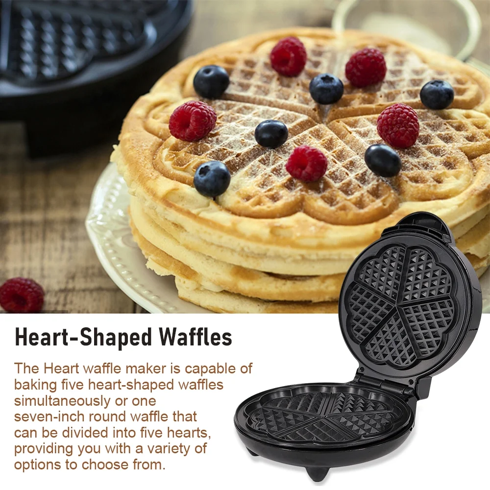 Arealer 1000W Waffle Maker 5 Heart-Shaped Waffles Electric Waffler Griddle Iron