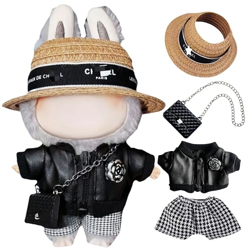 Clothes for 17cm Doll(No Doll) – Cute 4-Piece Straw Hat, PU Leather Jacket&Houndstooth Shorts Outfit with Chain Bag,Chic Fashion Accessories Set Compatible with 17cm Collectible Art-Toy Figures