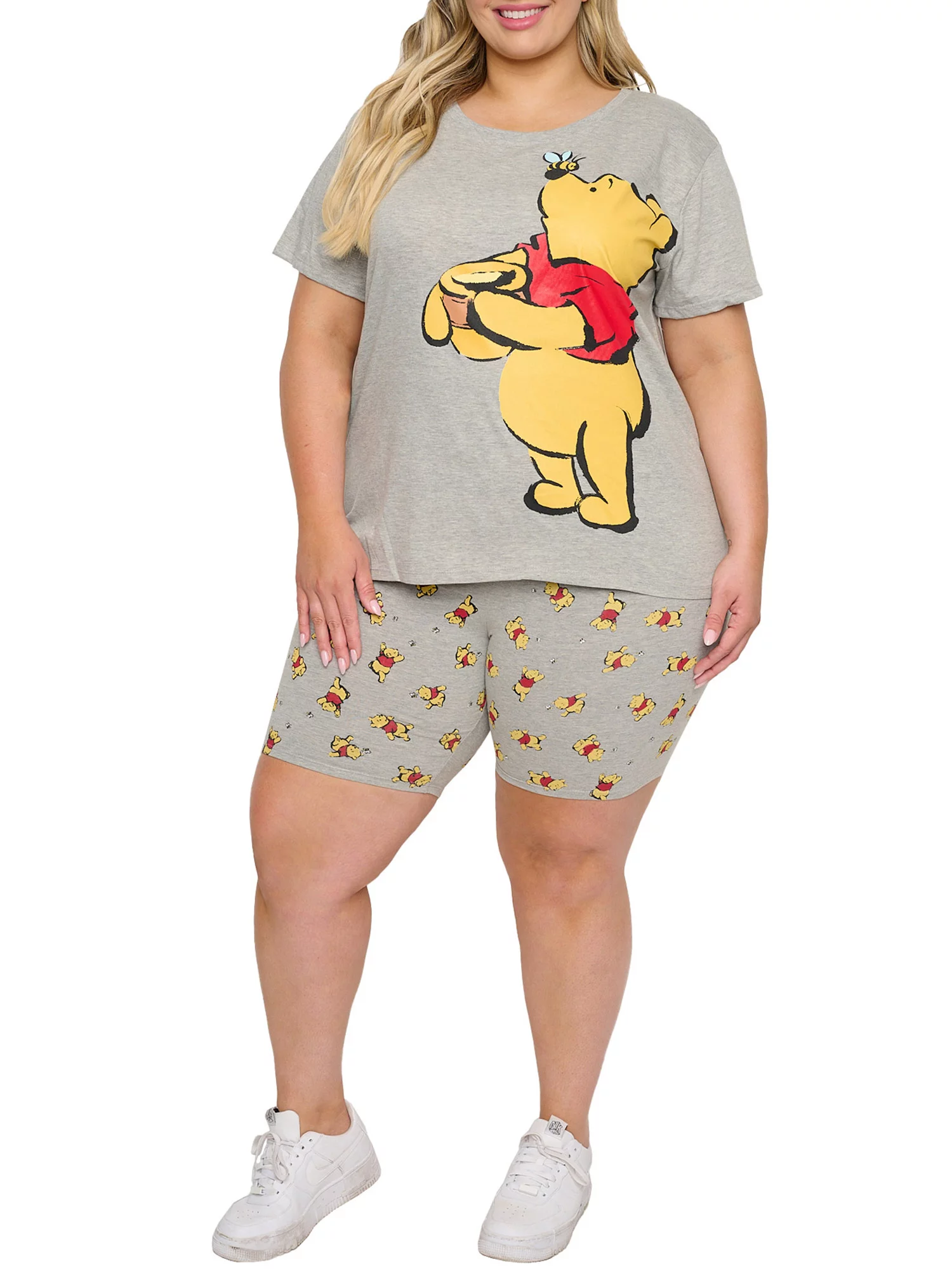 Winnie The Pooh T-Shirt & Bike Shorts 2-Piece Set Disney Womens Plus Size Gray