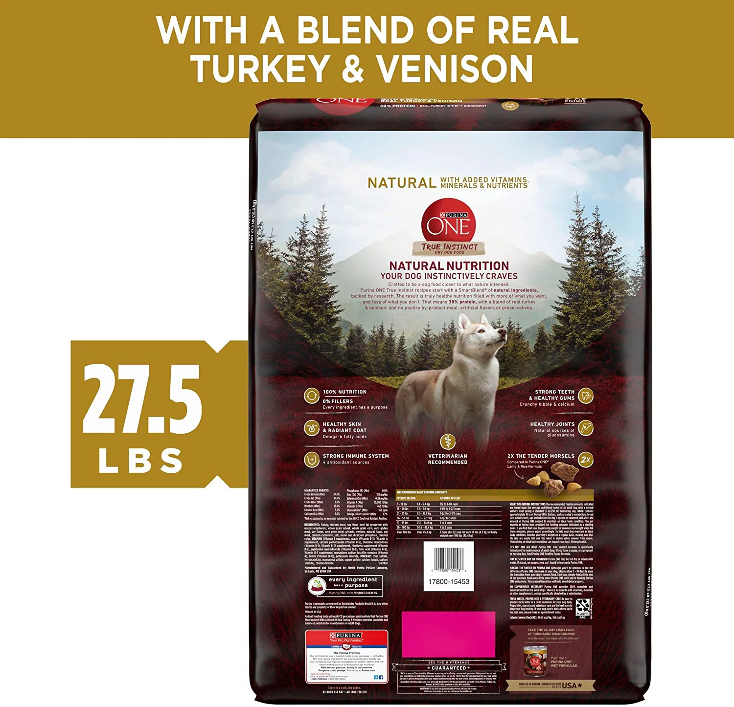 Purina ONE High Protein Natural Dry Dog Food, SmartBlend True Instinct With Real Turkey & Venison - 27.5 lb. Bag