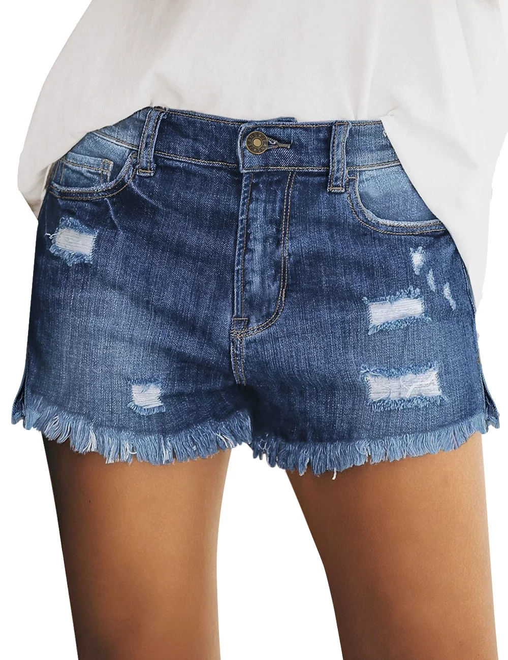 luvamia Women's Casual Mid Waist Denim Shorts Stretchy Summer Jean Shorts Lapis Storm Sizes S-2XL