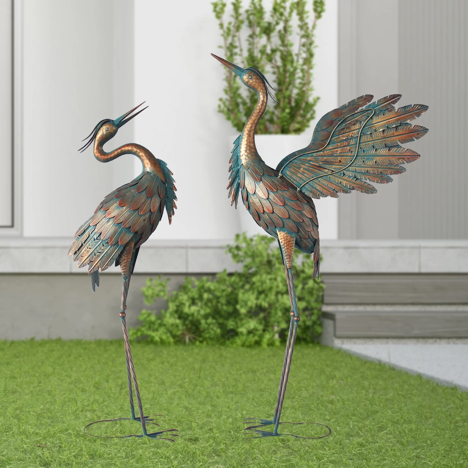 Crane Statues for Outdoor, Metal Heron Garden Statues Bird Yard Art, Standing Sculptures for Yard Lawn Pond Garden Decor, 38-42 inch Set of 2