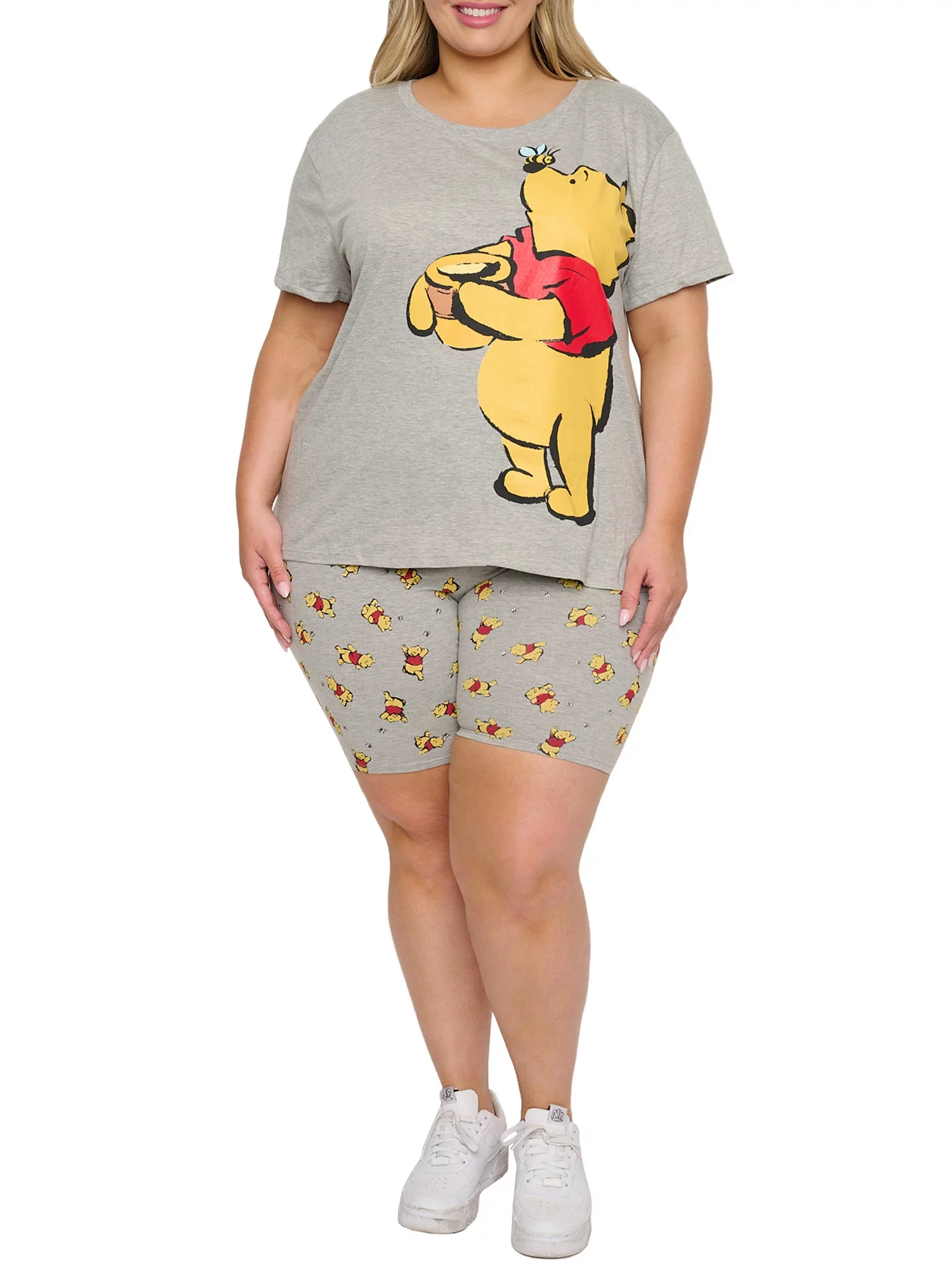 Winnie The Pooh T-Shirt & Bike Shorts 2-Piece Set Disney Womens Plus Size Gray