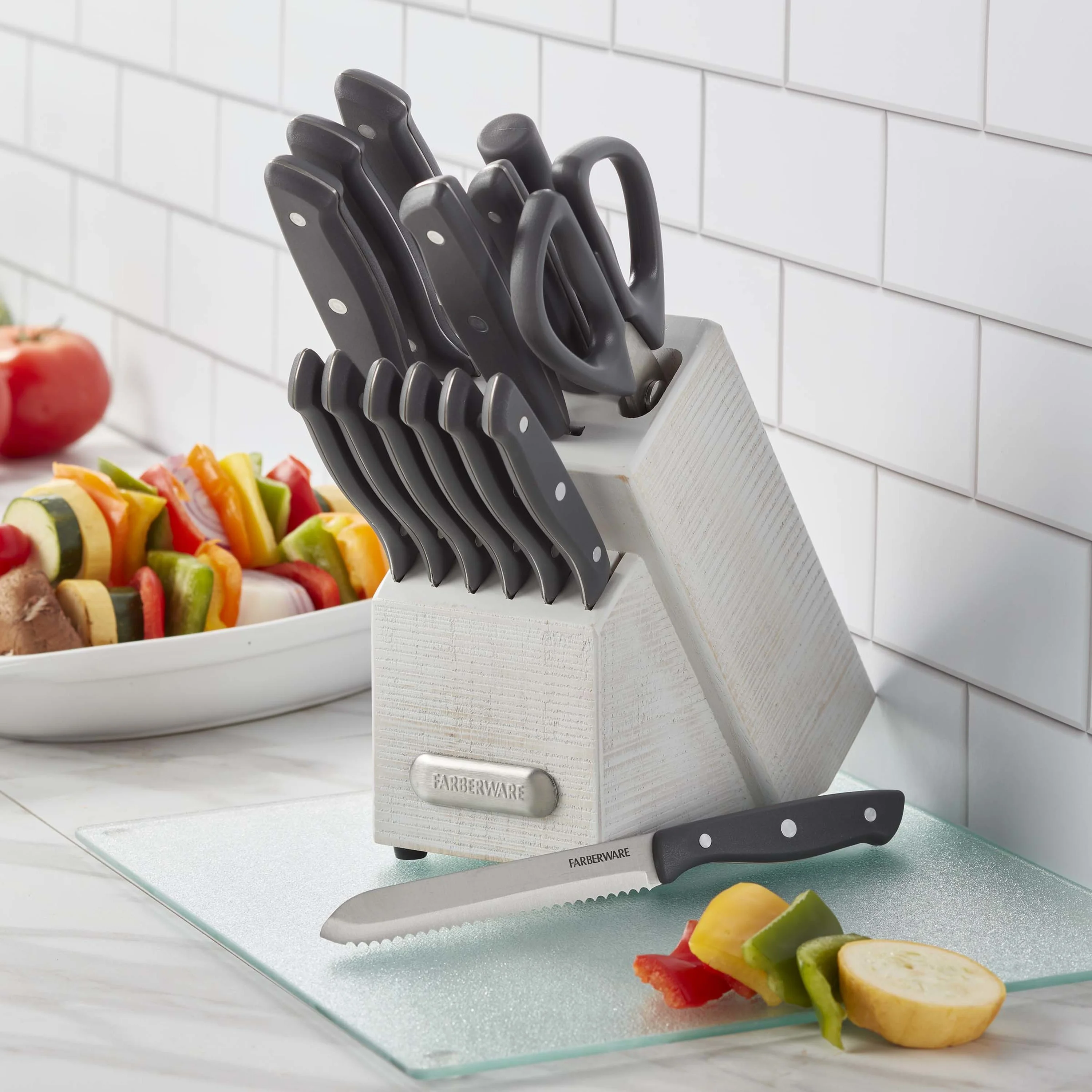 Farberware 15-piece Triple Rivet White Wash Knife Block Set
